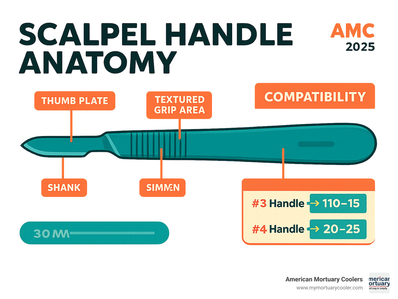 Detailed infographic showing scalpel handle anatomy with labeled parts including thumb plate, textured grip area, shank, blade locking mechanism, alignment marks, and compatibility chart showing which handle numbers fit specific blade ranges - scalpel handles infographic 