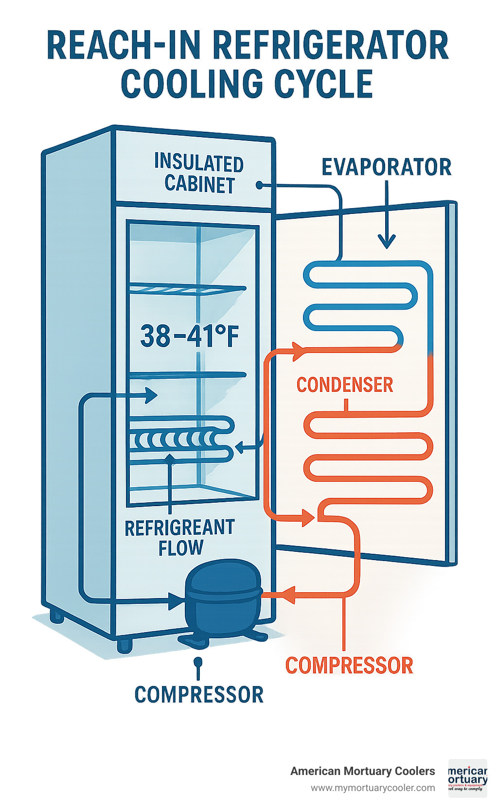 Infographic showing reach-in refrigerator cooling cycle with compressor, evaporator, condenser, and refrigerant flow through insulated cabinet maintaining 38-41°F temperature range - reach in refridgerator infographic 