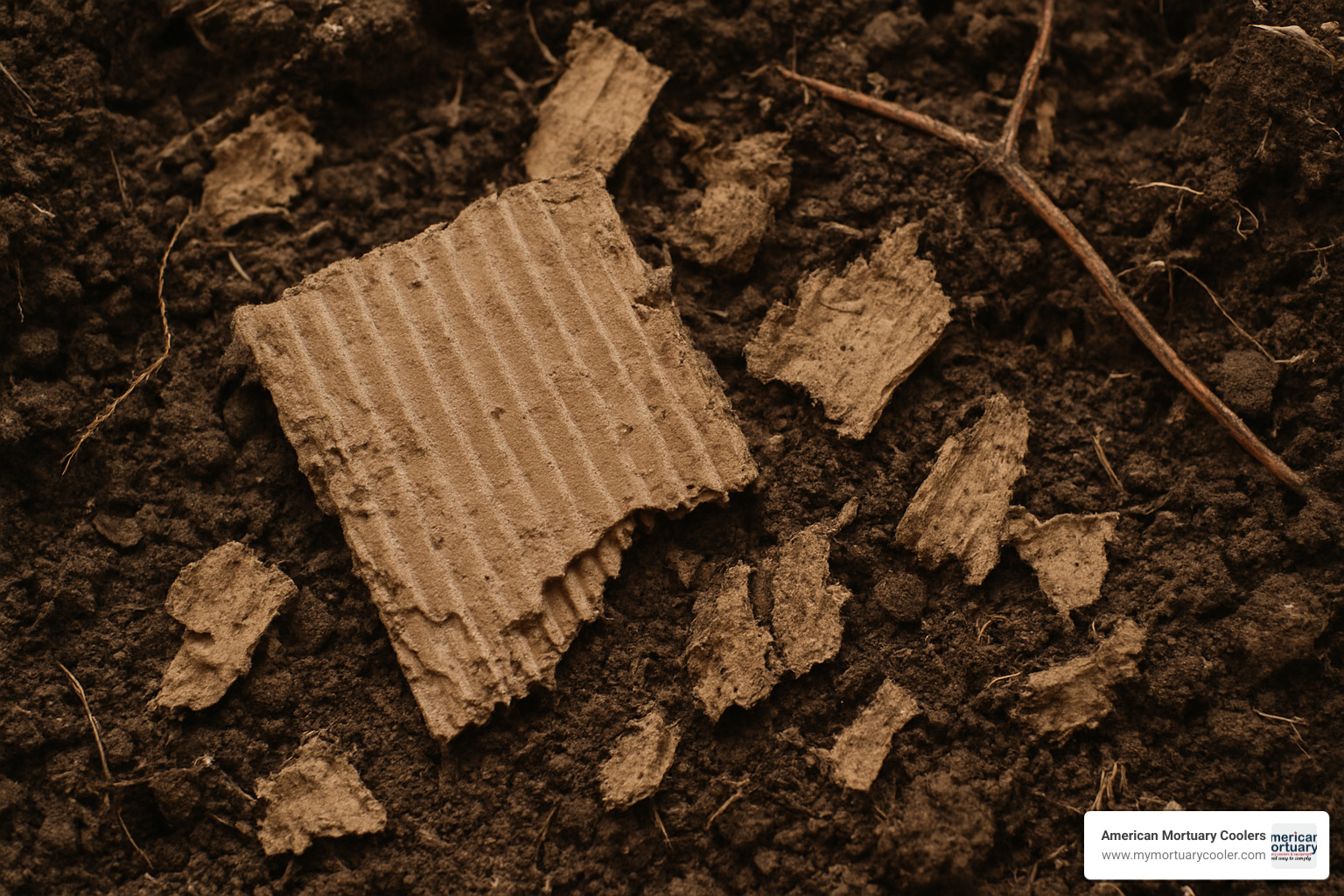 Decomposed cardboard container material in soil showing natural biodegradation process - cardboard cremation containers