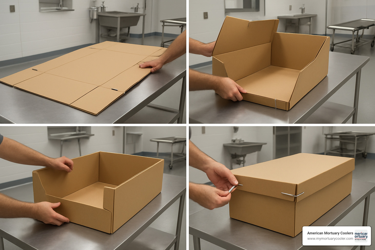 Step-by-step assembly process showing cardboard cremation container being assembled from flat-pack to finished container - cardboard cremation containers