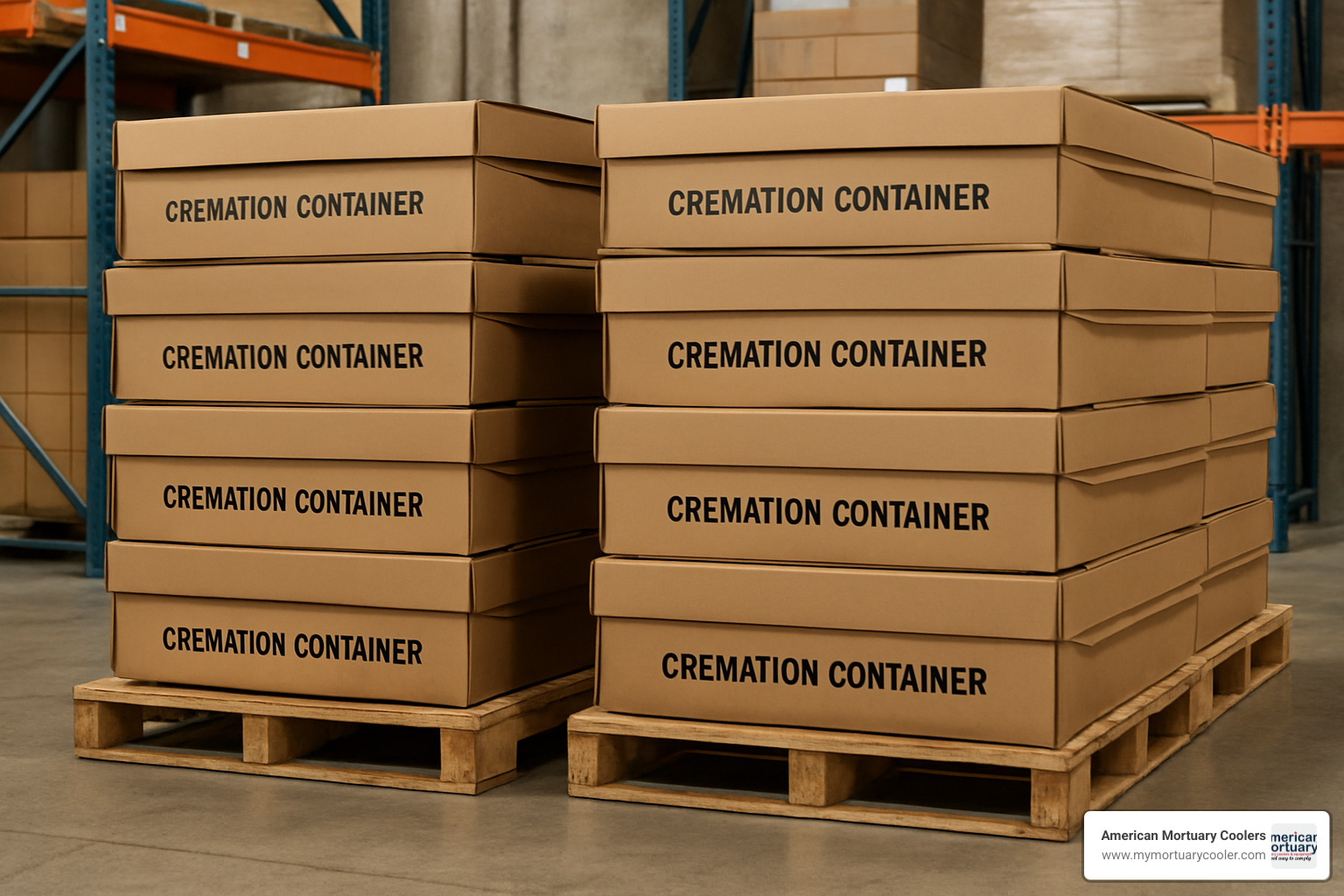 Folded cardboard cremation containers stacked on shipping pallets in warehouse storage - cardboard cremation containers