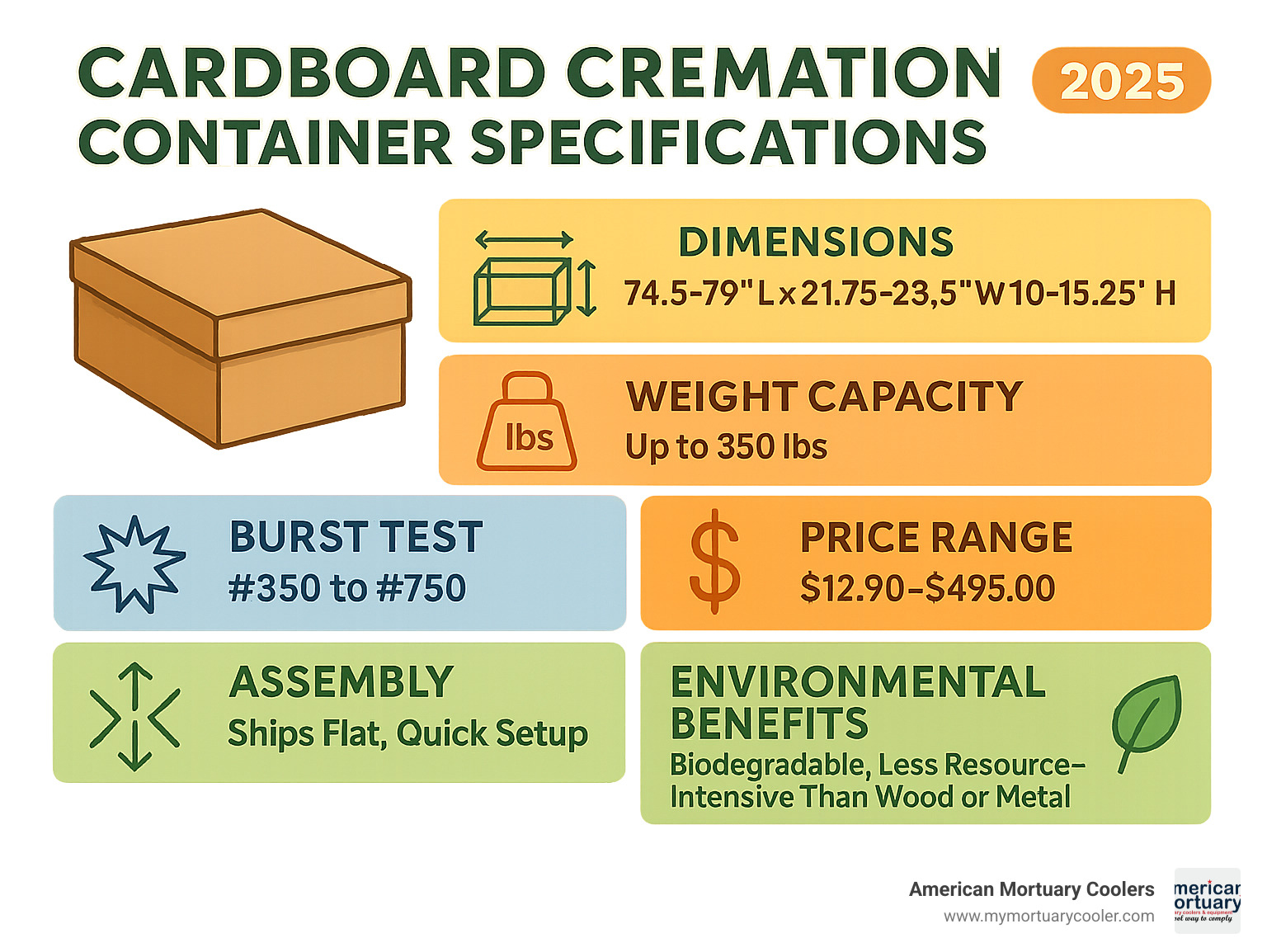 Comprehensive comparison chart showing cardboard cremation container specifications including dimensions, weight capacity, burst test ratings, assembly methods, price ranges, and environmental benefits compared to wood and metal alternatives - cardboard cremation containers infographic 