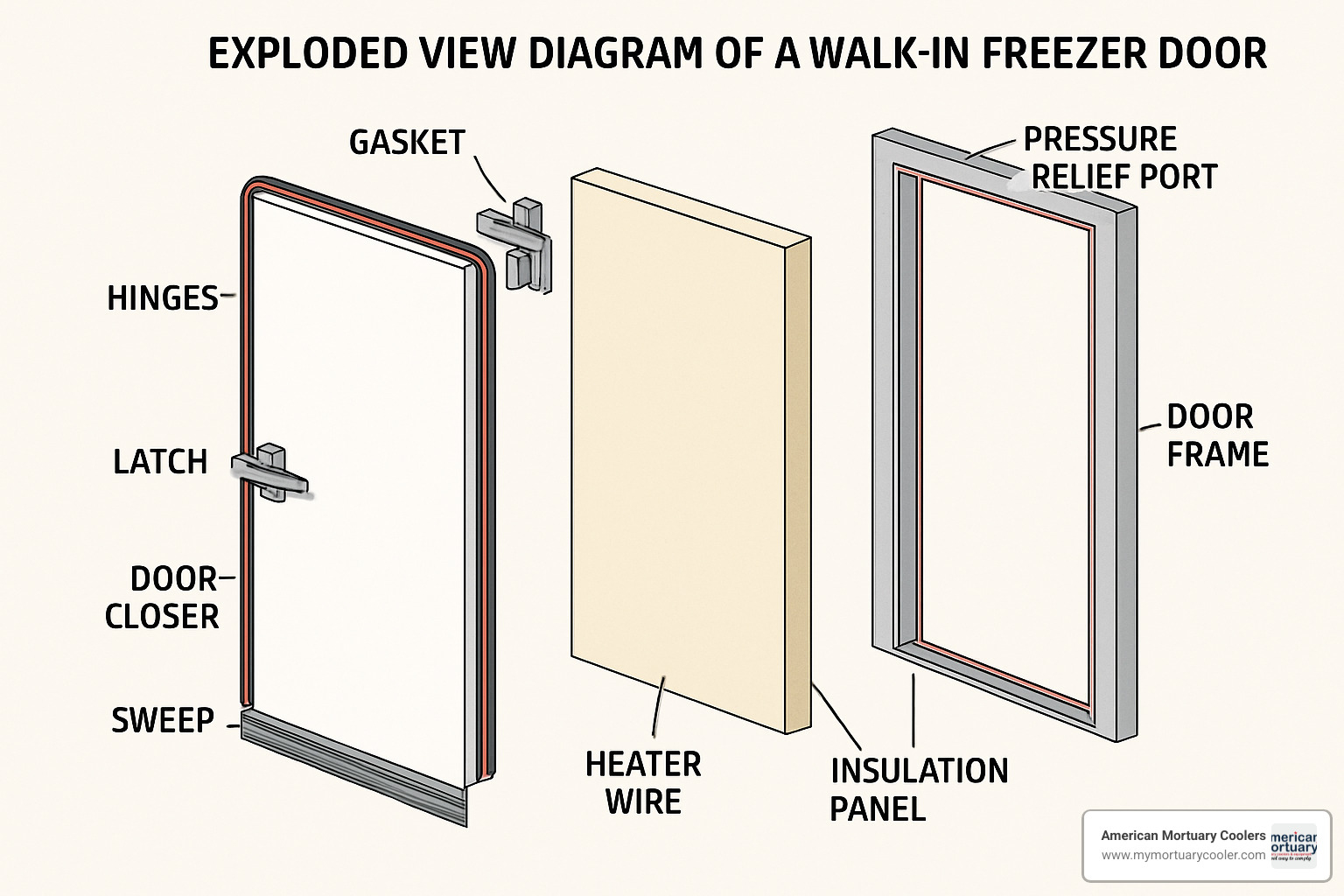 exploded view diagram of walk-in freezer door showing all components separated - walk in freezer door parts