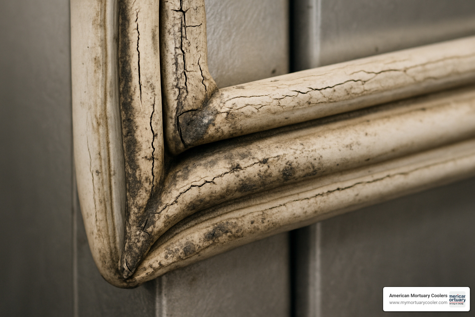 close-up image of cracked and deteriorated door gasket showing wear patterns - walk in freezer door parts