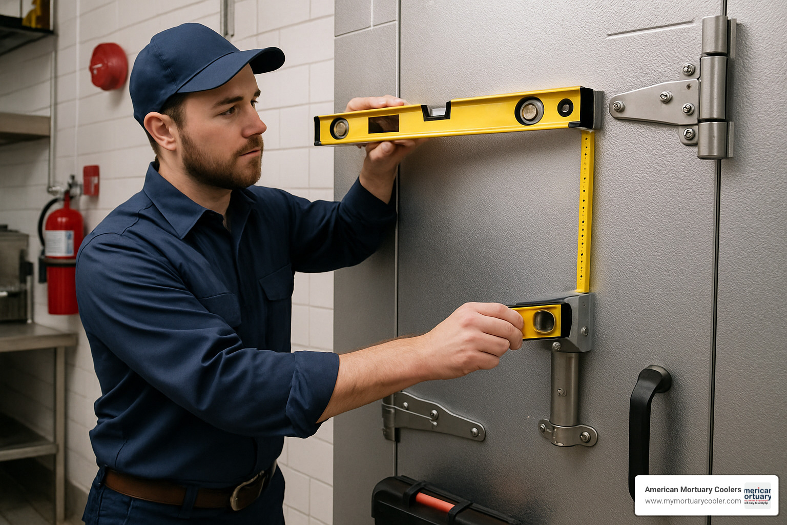technician demonstrating proper hinge alignment procedure with measurement tools - walk in freezer door parts