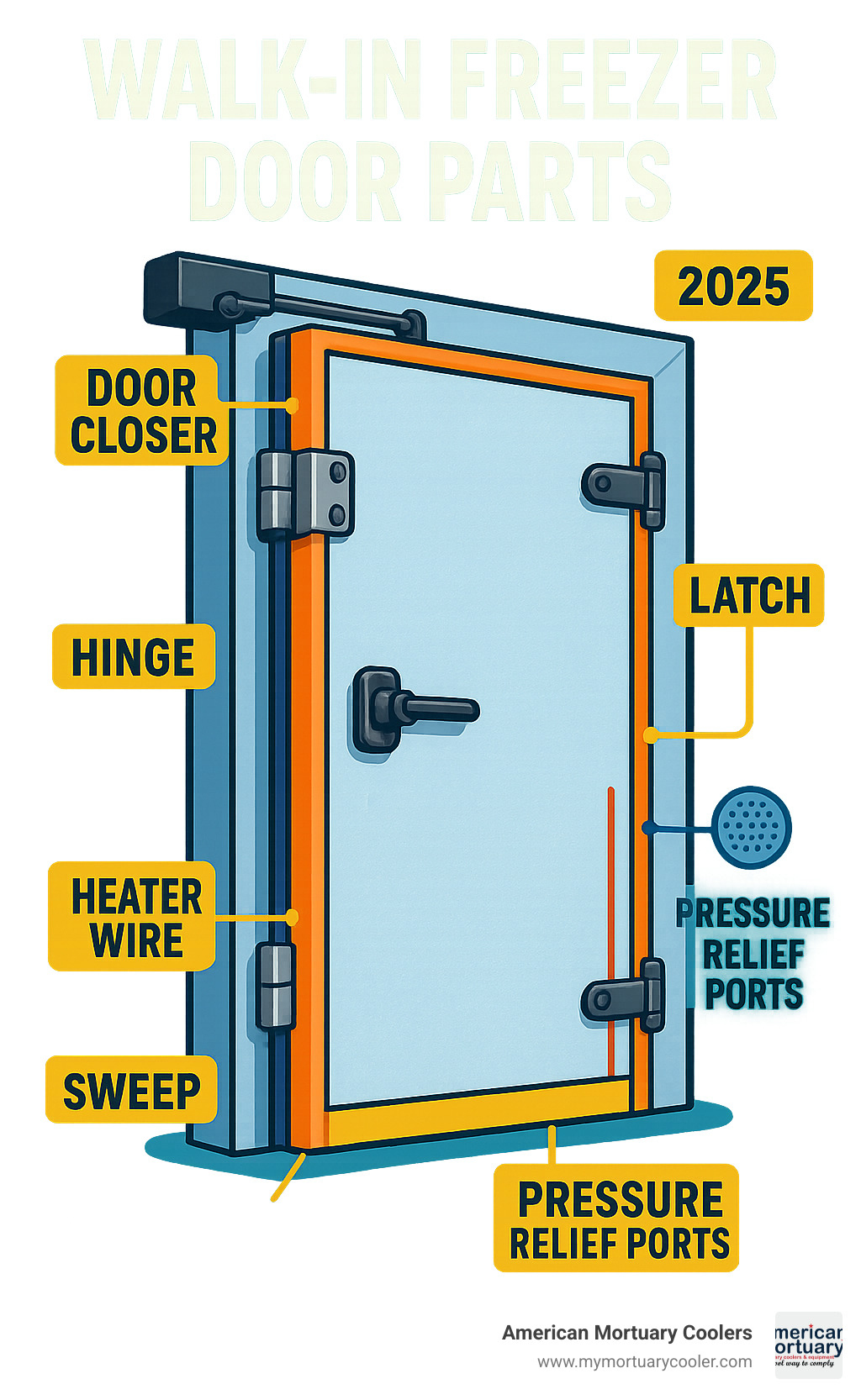 Detailed infographic showing walk-in freezer door cross-section with labeled parts including gaskets, hinges, latches, door closers, sweeps, heater wire, and pressure relief ports, demonstrating how each component works together to maintain temperature control and energy efficiency - walk in freezer door parts infographic 