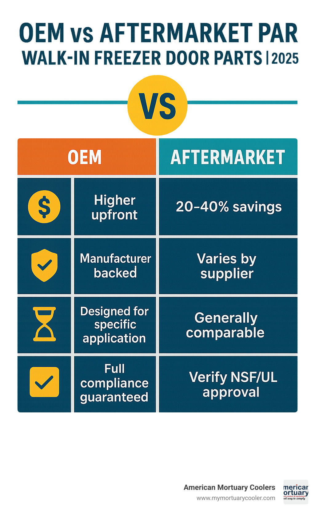 Comparison table showing OEM vs Aftermarket parts with columns for Cost (OEM: Higher upfront, Aftermarket: 20-40% savings), Warranty (OEM: Manufacturer backed, Aftermarket: Varies by supplier), Lifespan (OEM: Designed for specific application, Aftermarket: Generally comparable), and Certification (OEM: Full compliance guaranteed, Aftermarket: Verify NSF/UL approval) - walk in freezer door parts infographic 