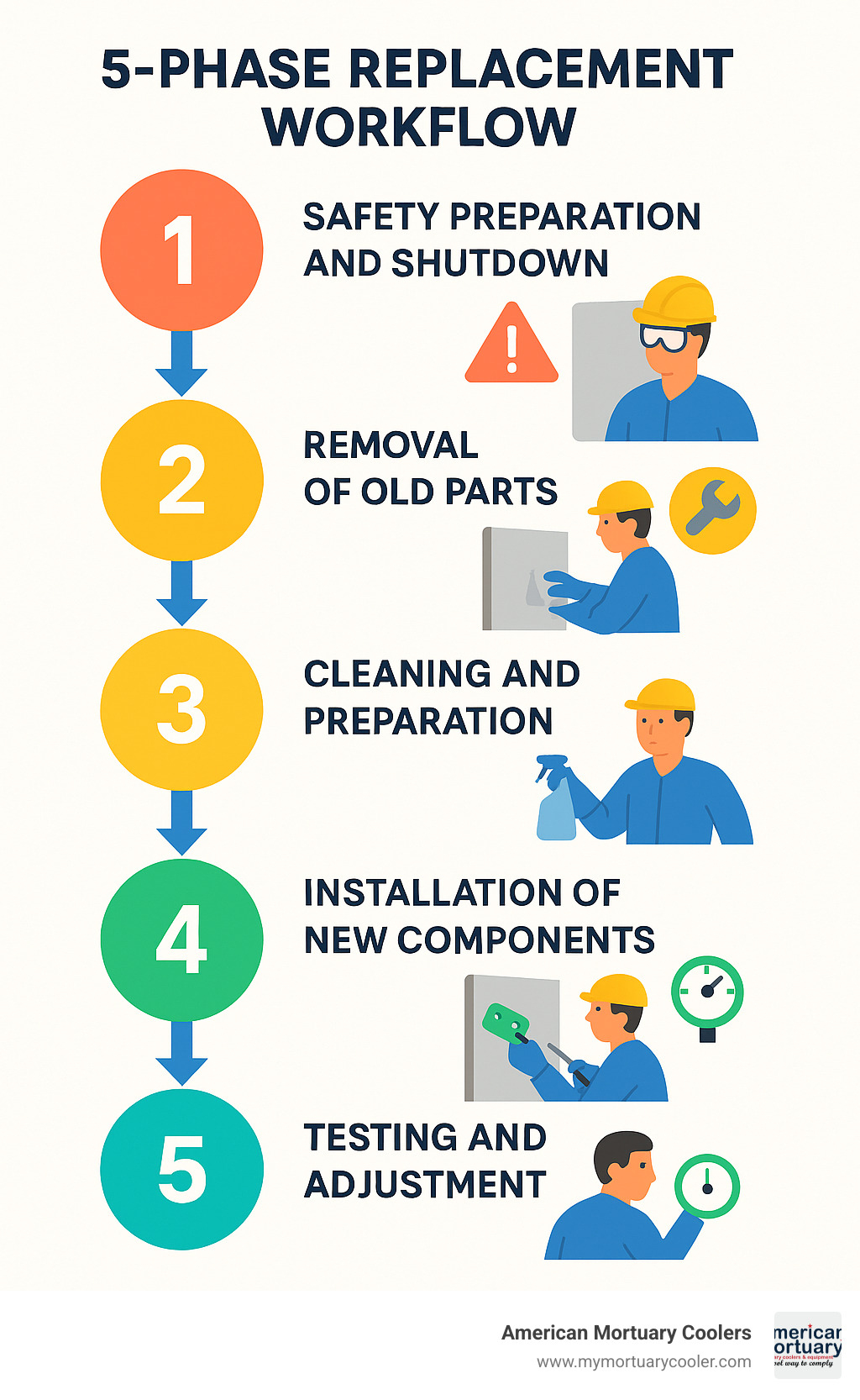 Step-by-step infographic showing 5-phase replacement workflow: 1) Safety preparation and shutdown, 2) Removal of old parts, 3) Cleaning and preparation, 4) Installation of new components, 5) Testing and adjustment - walk in freezer door parts infographic 
