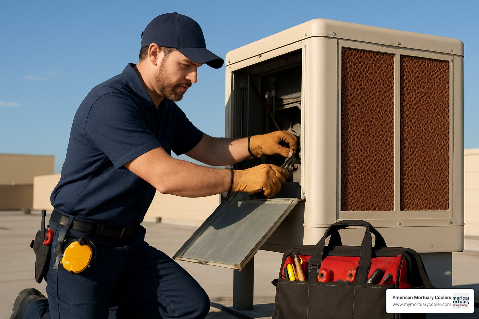 technician performing maintenance on rooftop swamp cooler - swamp cooler service near me