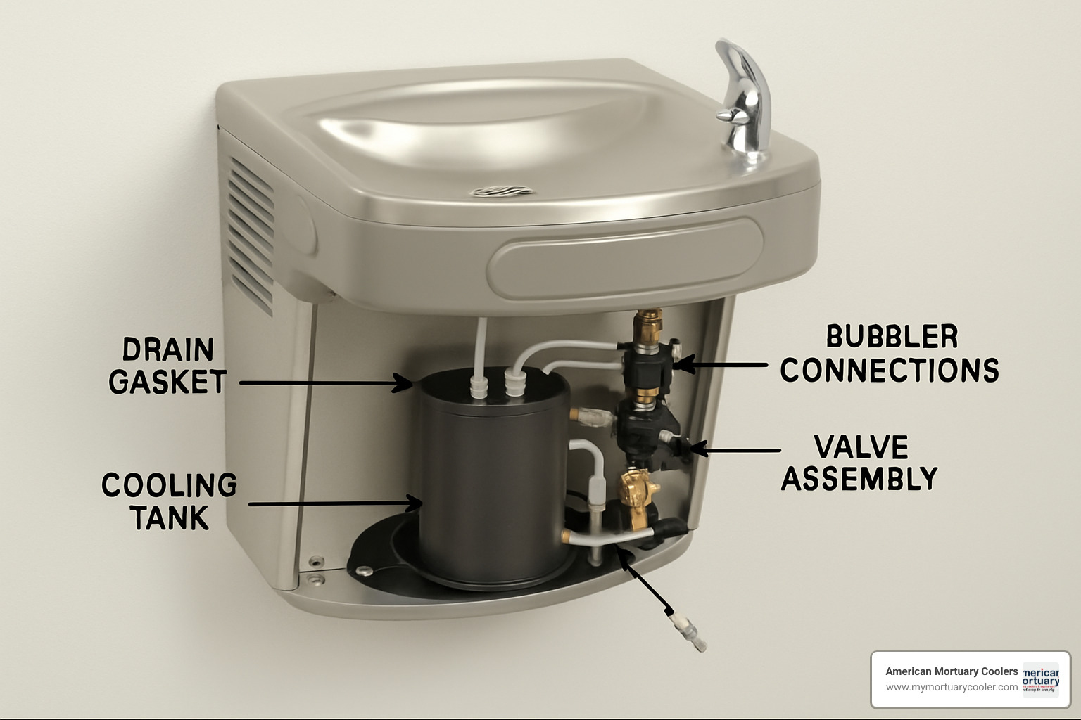Common drinking fountain leak points showing drain gasket, cooling tank, push-in fittings, valve assembly, and bubbler connections with diagnostic arrows - drinking fountain repair