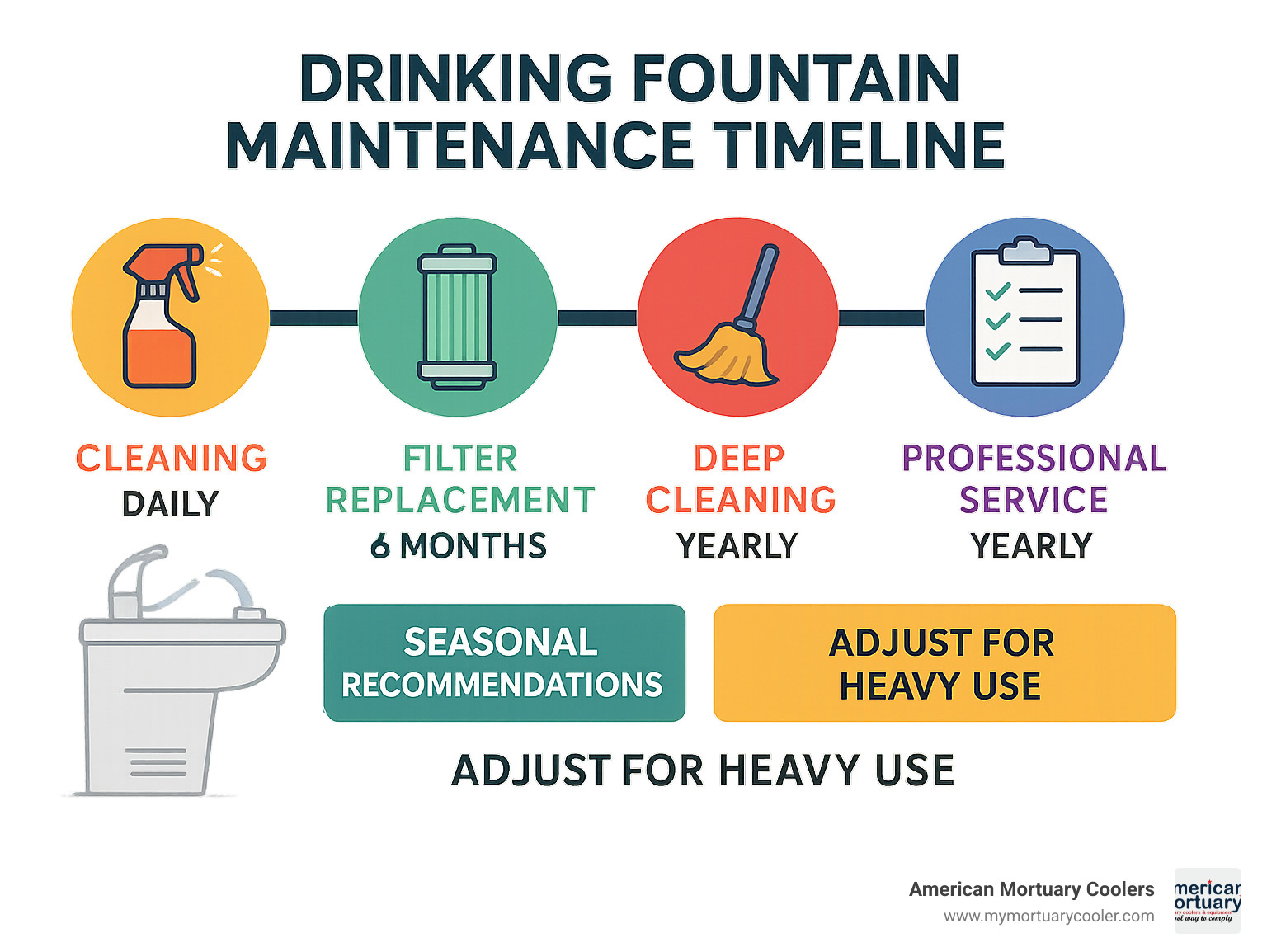 Drinking fountain maintenance timeline showing frequency of cleaning, filter replacement, deep cleaning, and professional service intervals with seasonal recommendations and heavy-use adjustments - drinking fountain repair infographic 