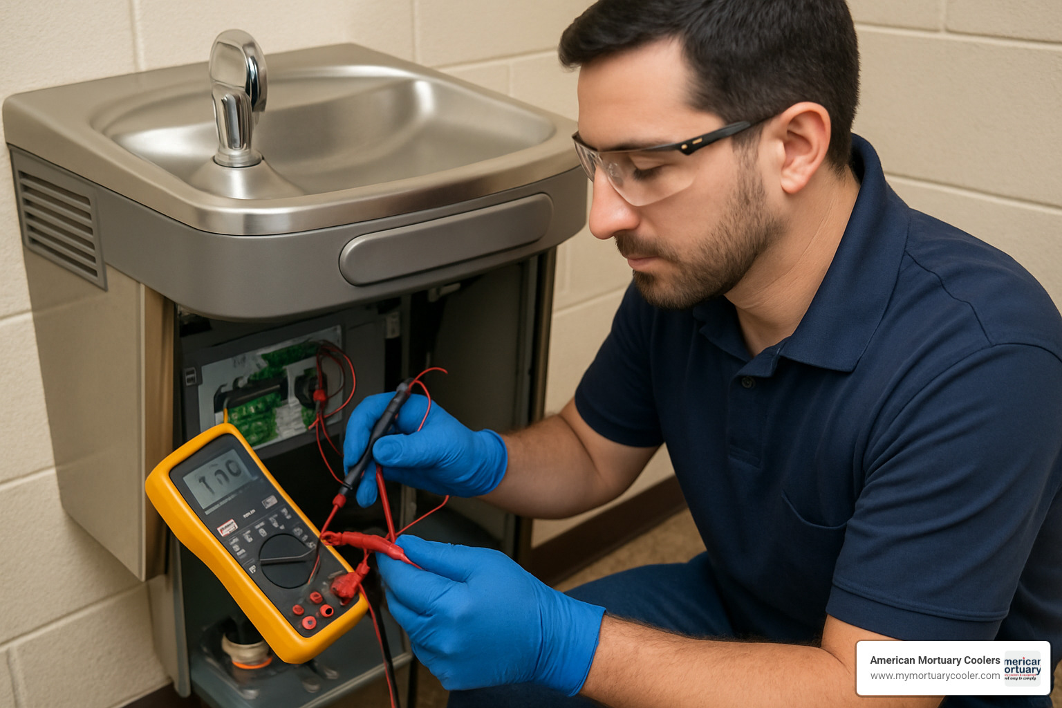 Certified technician using digital multimeter to test electrical components in drinking fountain while wearing safety equipment - drinking fountain repair