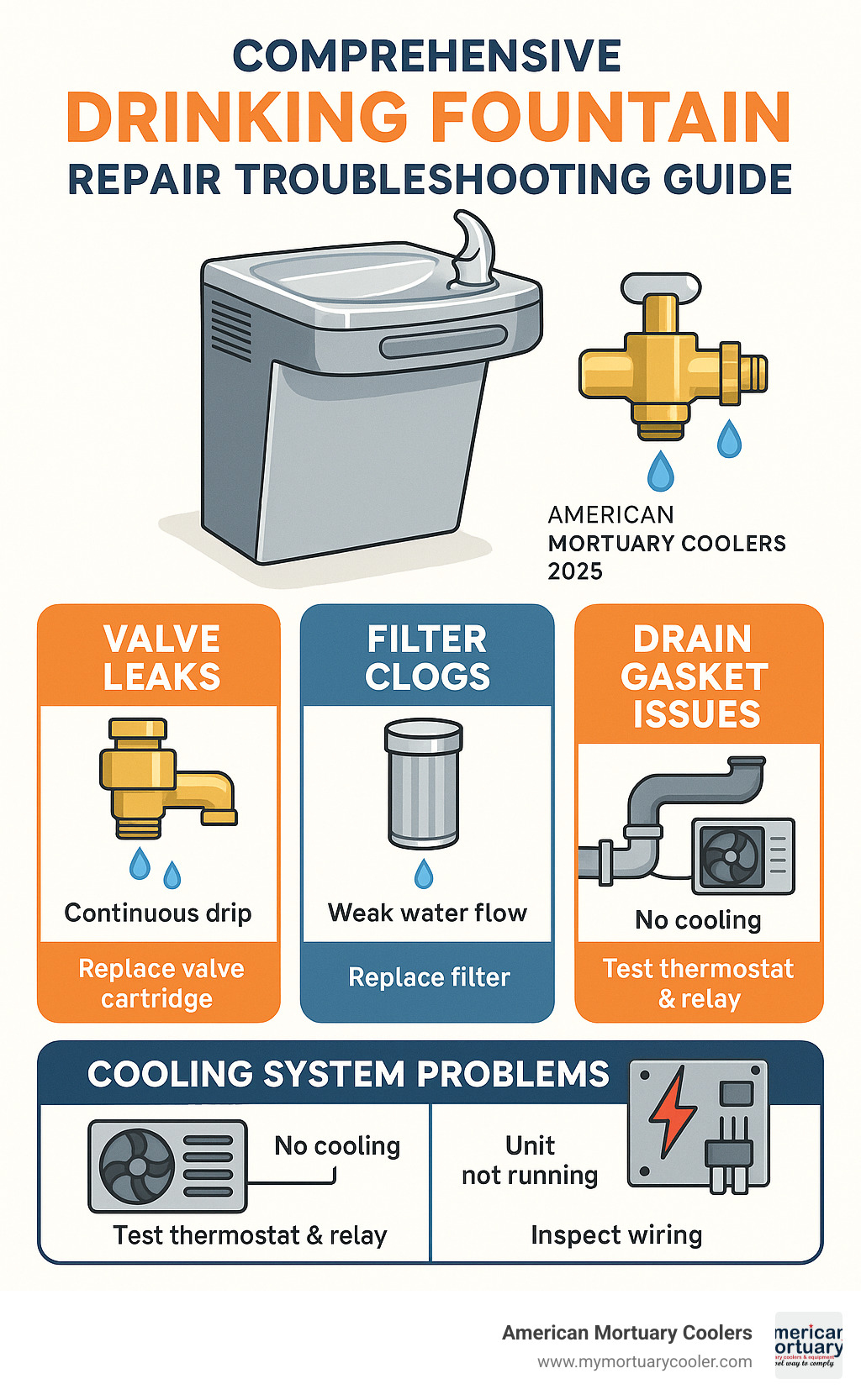 Comprehensive drinking fountain repair troubleshooting guide showing common failure points including valve leaks, filter clogs, drain gasket issues, cooling system problems, and electrical component failures with corresponding diagnostic steps and repair solutions - drinking fountain repair infographic 