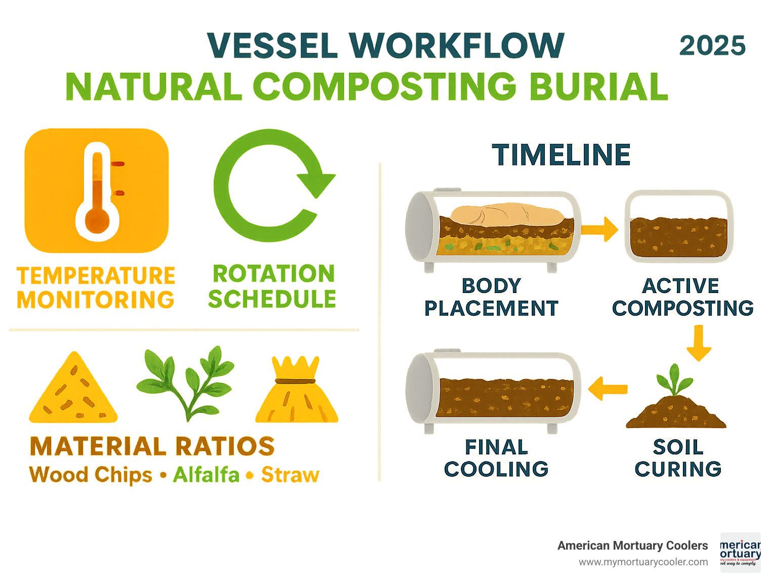 Infographic showing vessel workflow with temperature monitoring, rotation schedule, material ratios, and timeline from body placement through soil curing - natural composting burial infographic 
