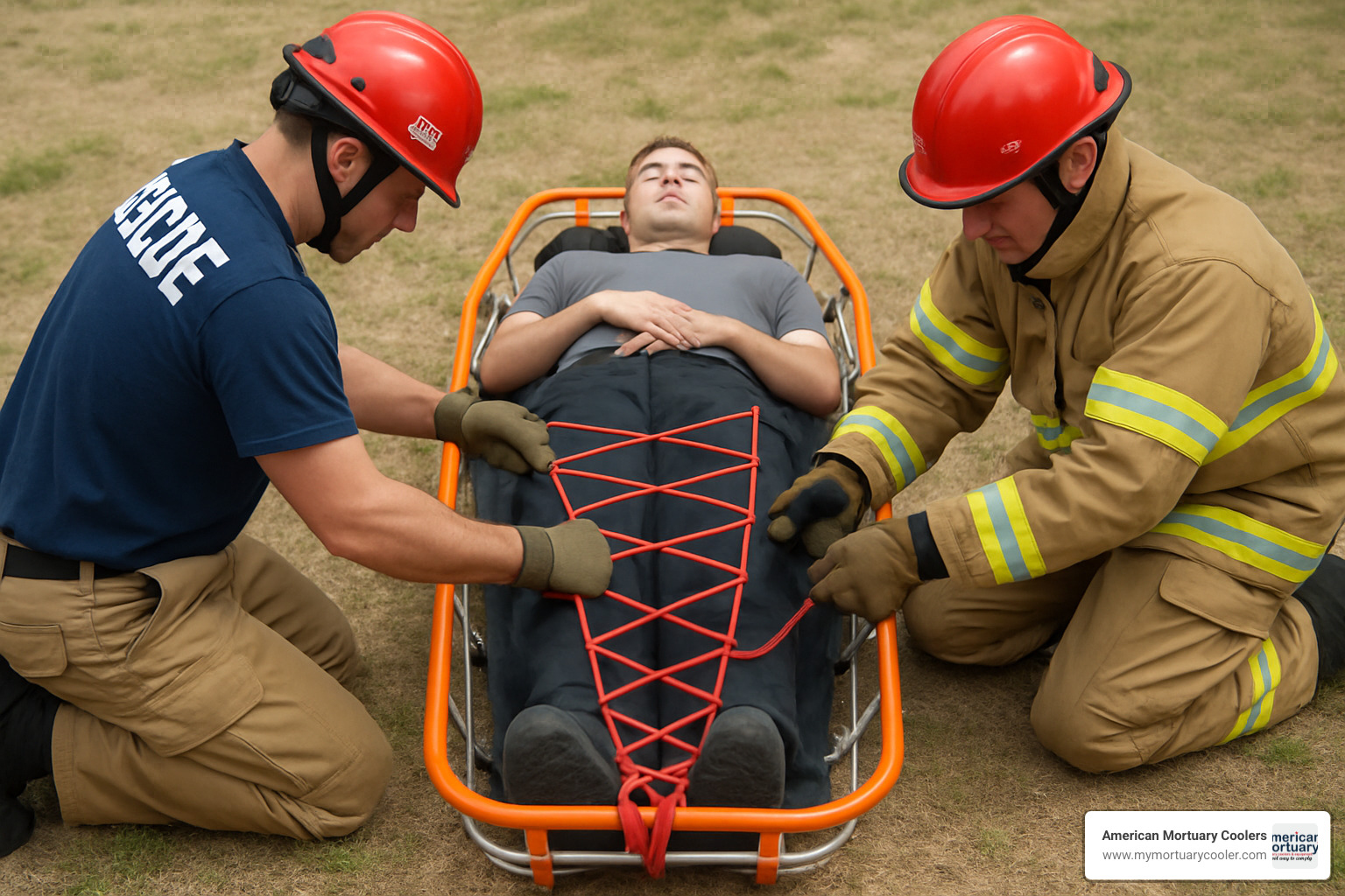 Patient lacing method demonstration showing the shoelace webbing technique with 35-foot tubular webbing, girth hitch at base, and progressive wrapping around side rails - basket stretchers-