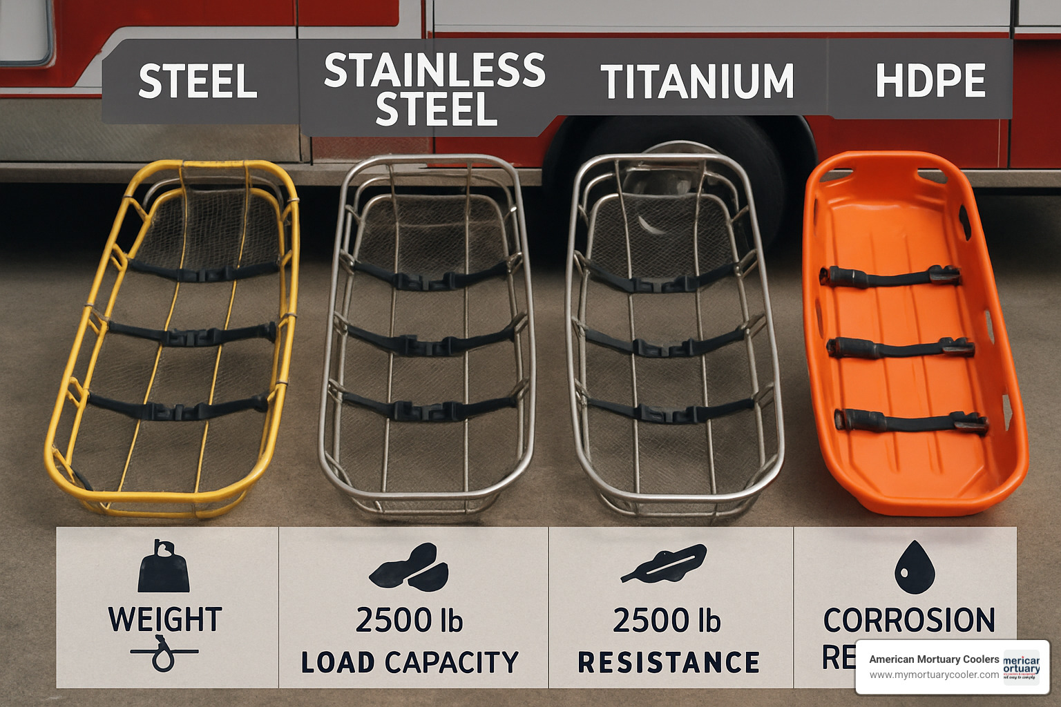 Material comparison showing steel, stainless steel, titanium and HDPE basket stretchers with their respective weight, load capacity and corrosion resistance ratings - basket stretchers-