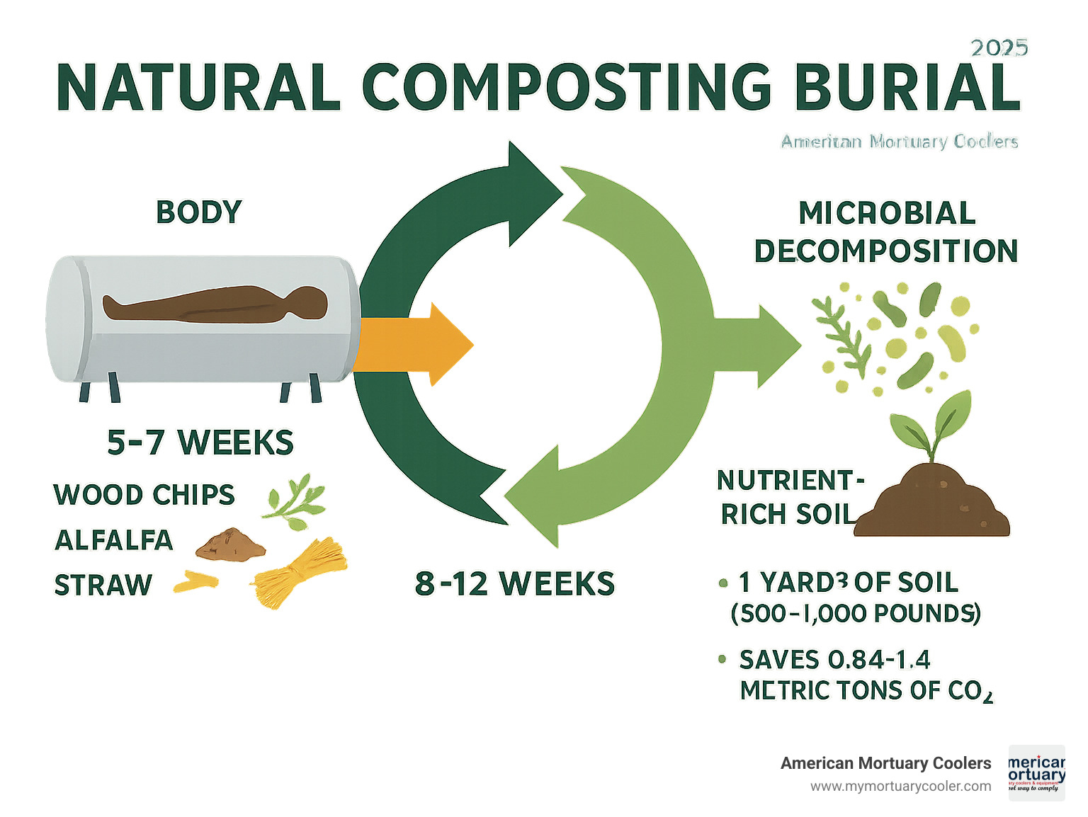 Infographic showing the natural composting burial cycle from body placement in vessel through microbial decomposition to nutrient-rich soil production, including timeline, materials used, and environmental benefits - natural composting burial infographic 