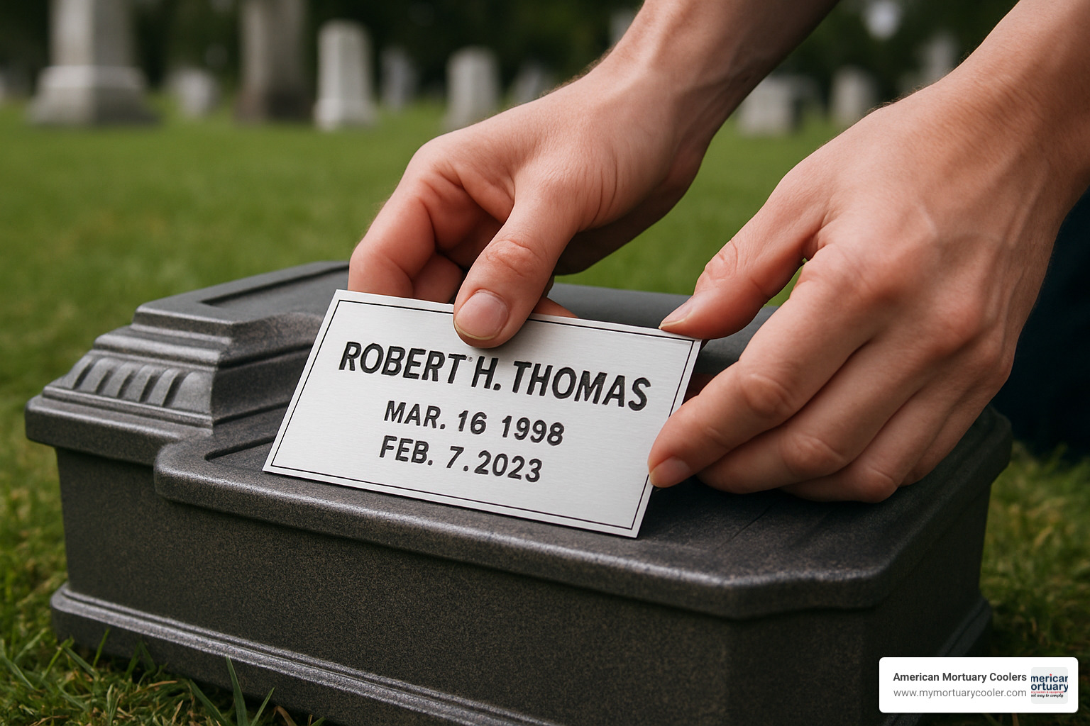 engraved nameplate being installed on vault surface, showing personalization process - burial vaults for ashes