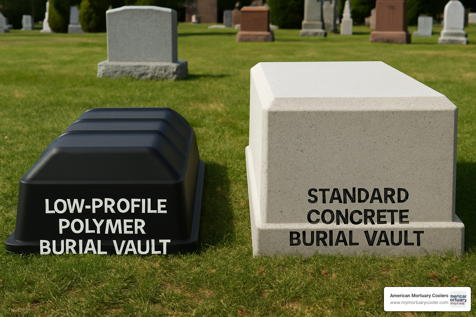 comparison showing low-profile polymer vault next to standard concrete vault, highlighting size and weight differences - burial vaults for ashes