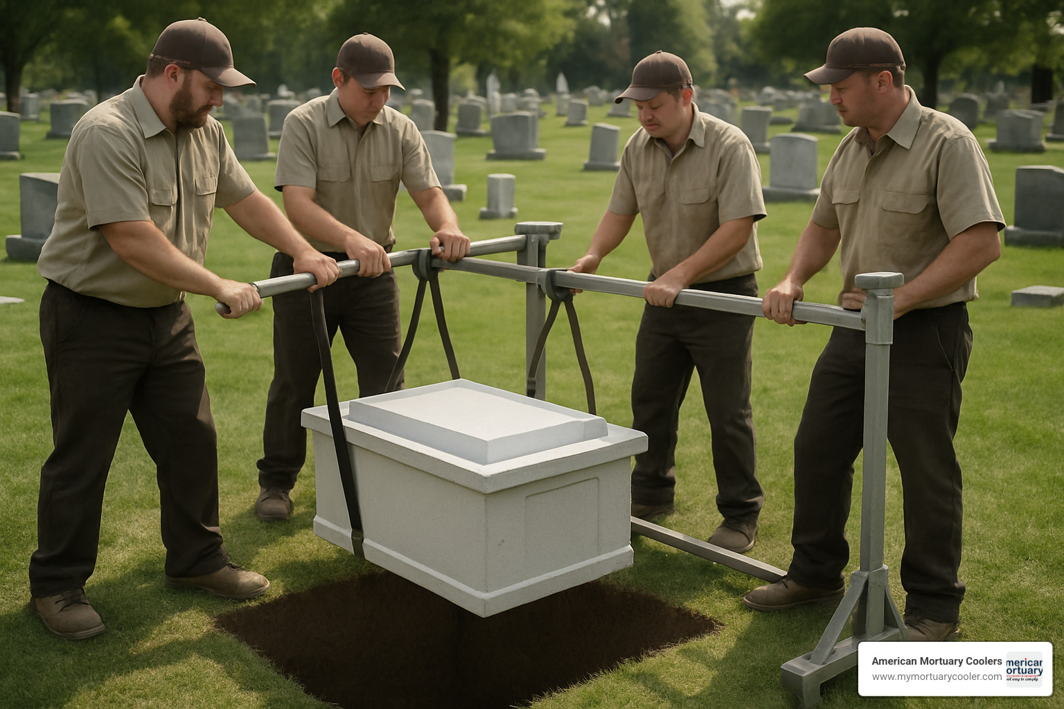 cemetery crew using lowering device to place vault into prepared grave - burial vaults for ashes