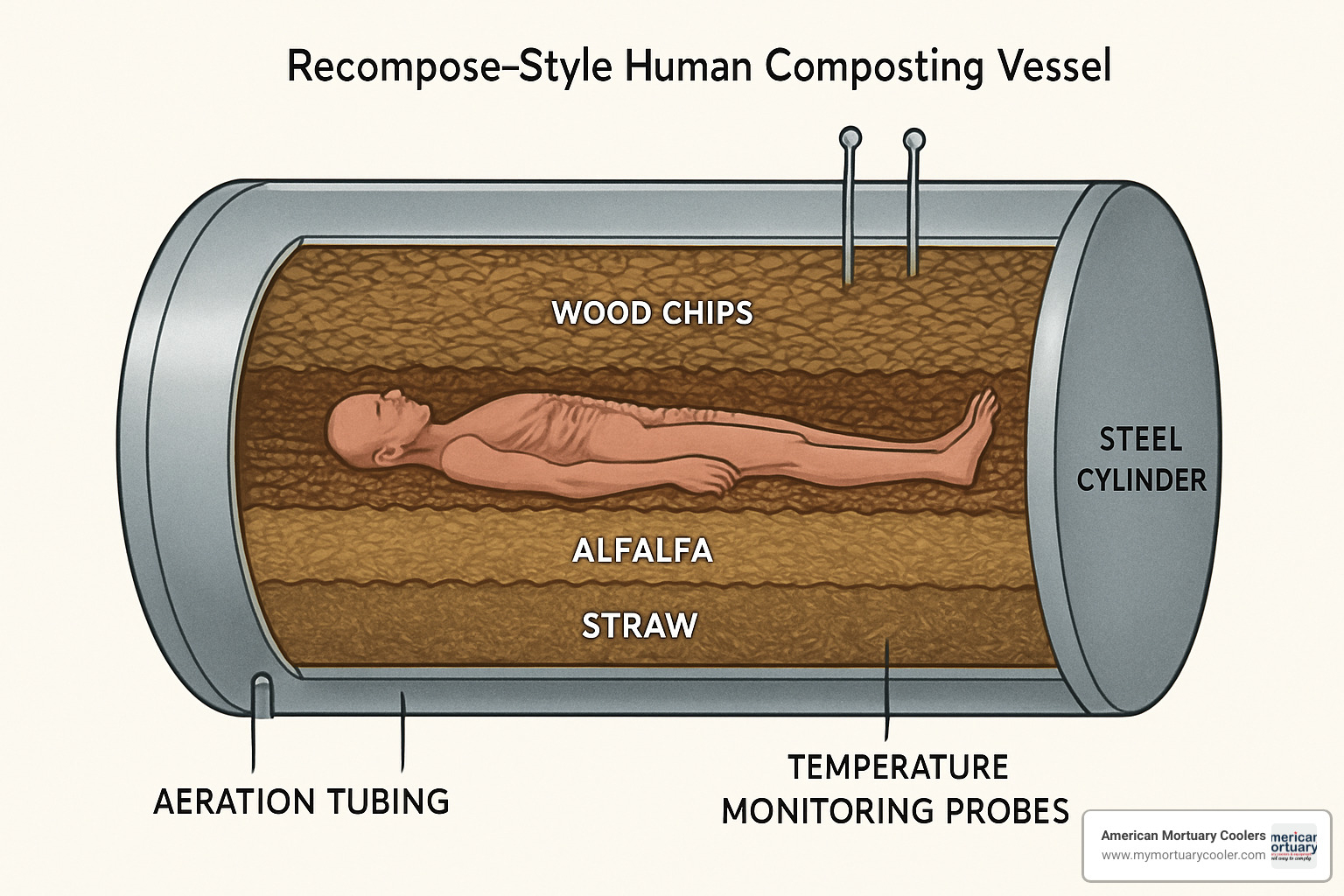 Cutaway view of a Recompose composting vessel showing the internal arrangement of organic materials, aeration systems, and temperature monitoring equipment used in the human composting process - composting after death