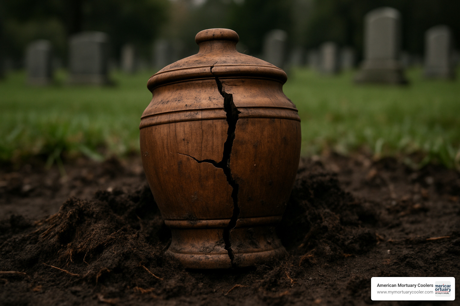 cracked wooden urn showing damage from soil pressure and moisture exposure - burial vaults for ashes