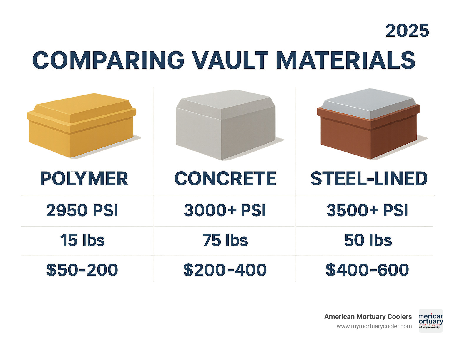 Infographic comparing vault materials: Polymer (2950 PSI, 15 lbs, $50-200), Concrete (3000+ PSI, 75 lbs, $200-400), Steel-lined (3500+ PSI, 50 lbs, $400-600), showing strength ratings, weights, and average costs - burial vaults for ashes infographic 