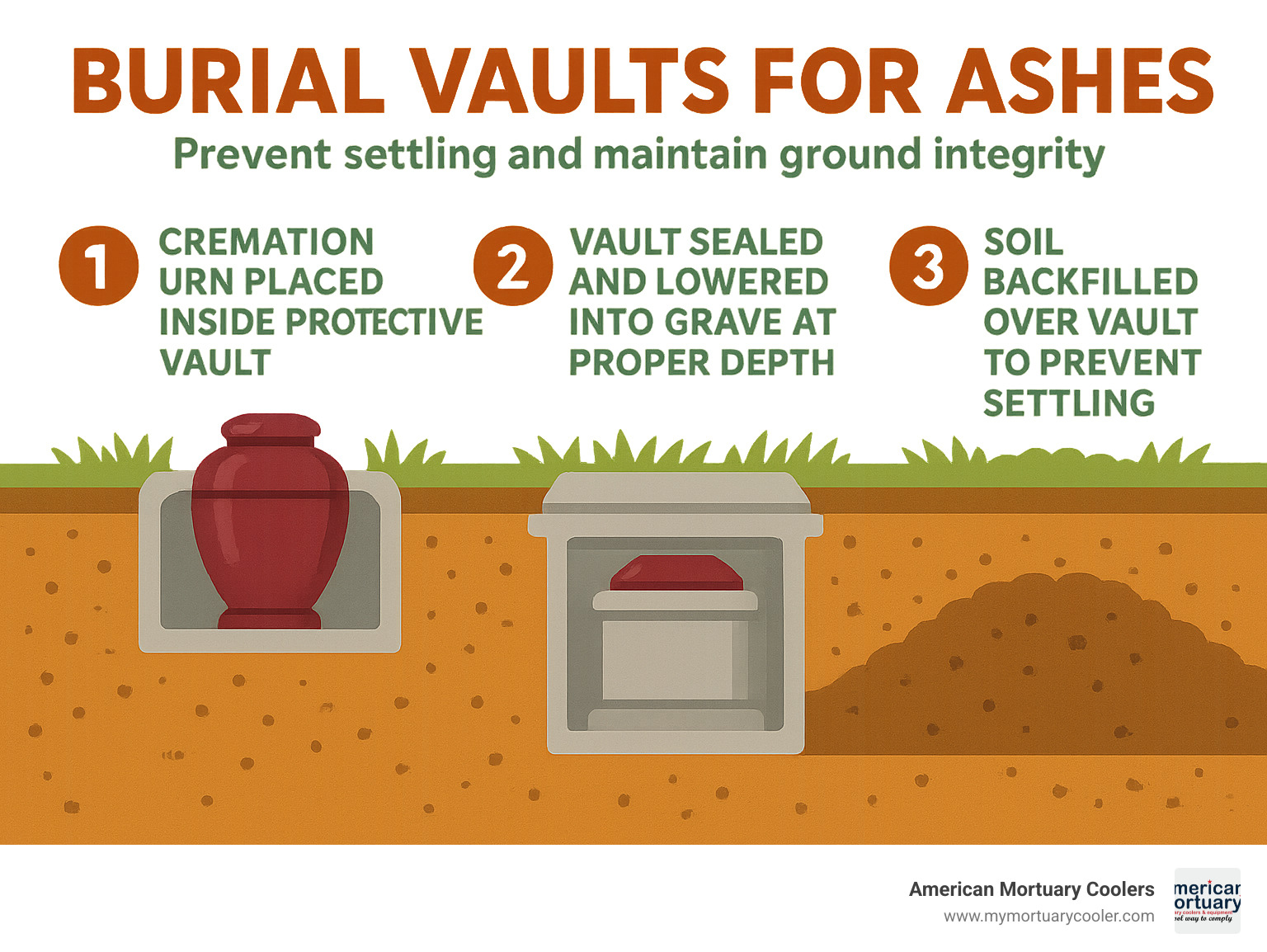 Infographic showing the burial process: cremation urn placed inside protective vault, vault sealed and lowered into grave at proper depth, soil backfilled over vault to prevent settling and maintain ground integrity - burial vaults for ashes infographic 