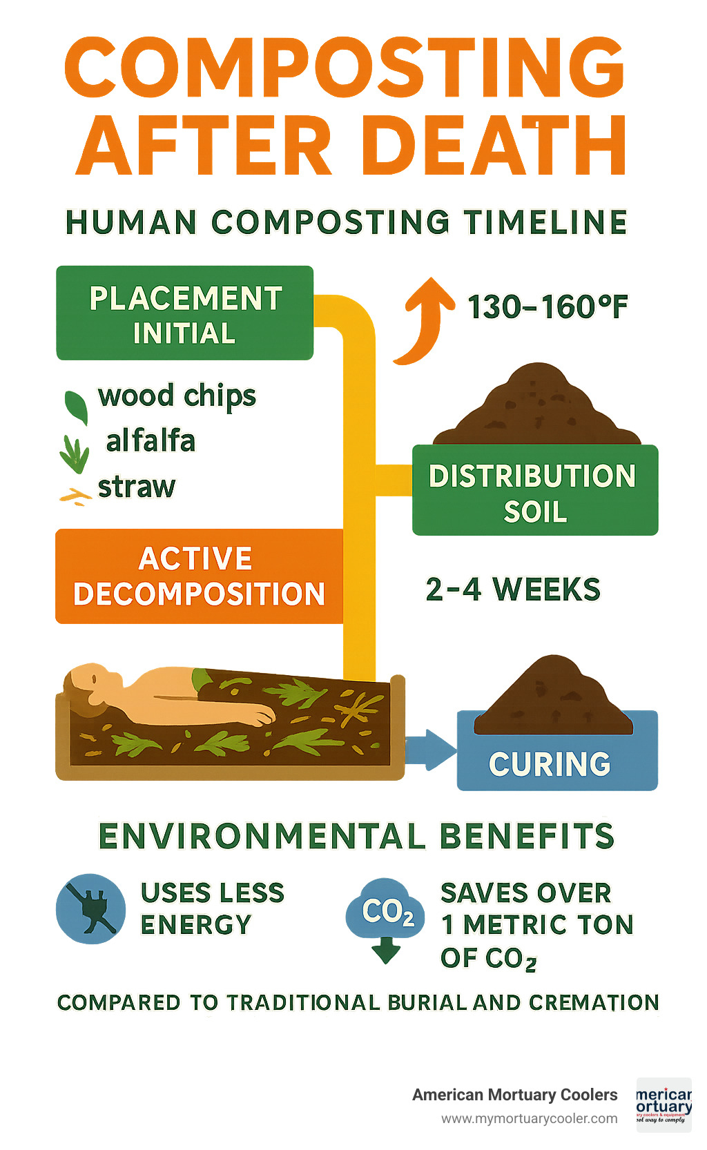 Infographic showing the complete human composting timeline from initial placement through active decomposition phase (4-8 weeks) to curing period (2-4 weeks) and final soil distribution, including temperature ranges, materials used, and environmental benefits compared to traditional burial and cremation - composting after death infographic 