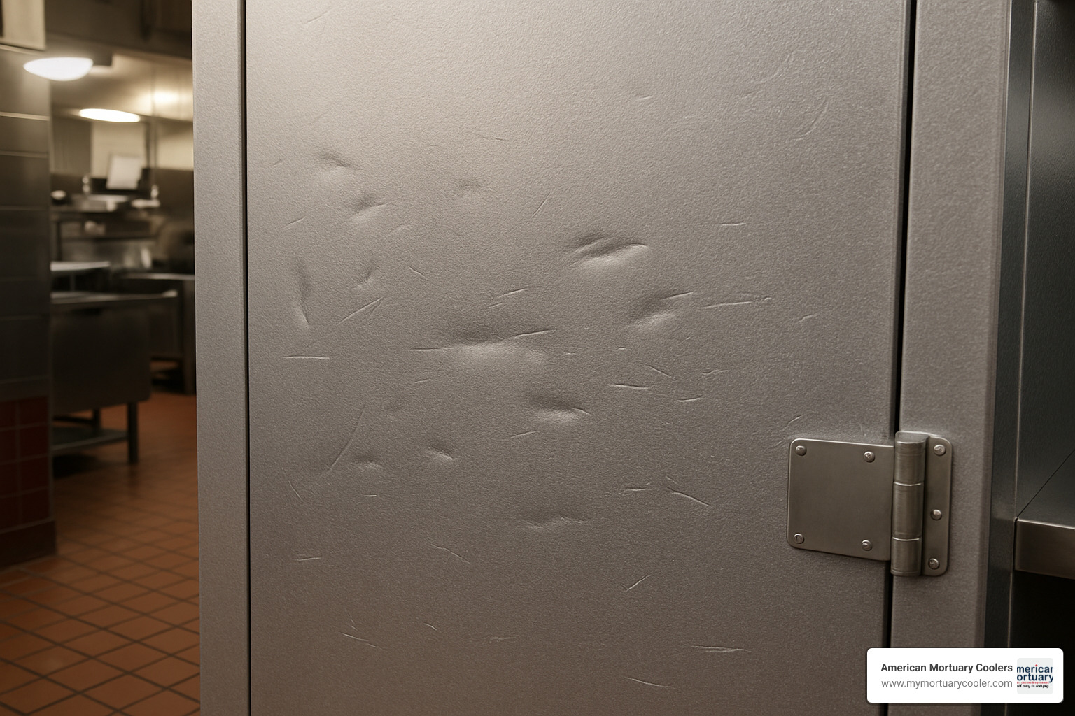 dented but functional walk-in cooler panel showing cosmetic damage that doesn't affect performance - used-walk-in-coolers-for-sale-