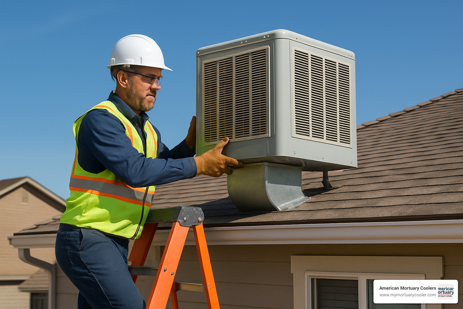Professional contractor on ladder installing rooftop swamp cooler unit - swamp cooler installation near me