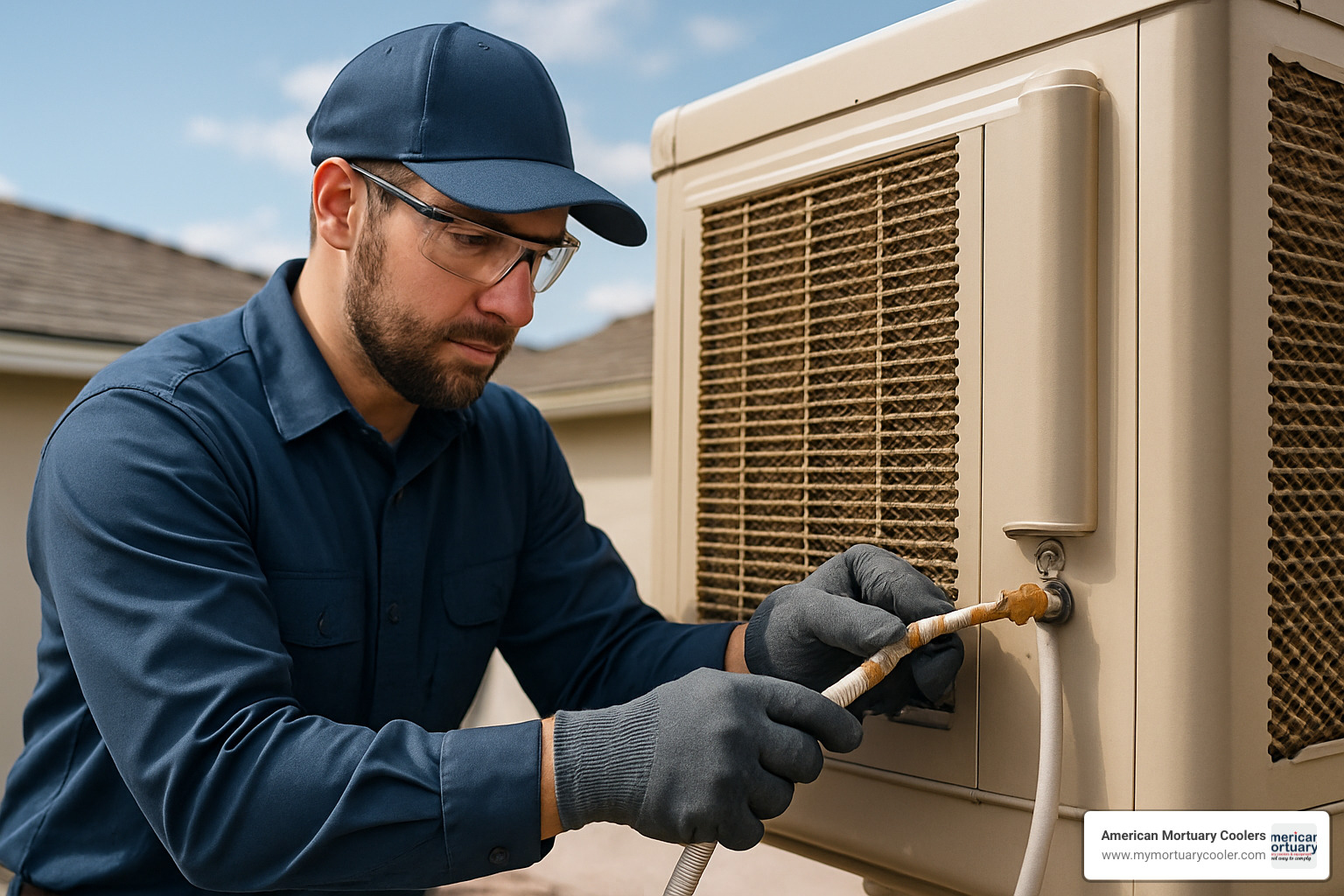 Professional installer connecting water line to swamp cooler with proper safety equipment - swamp cooler installation near me