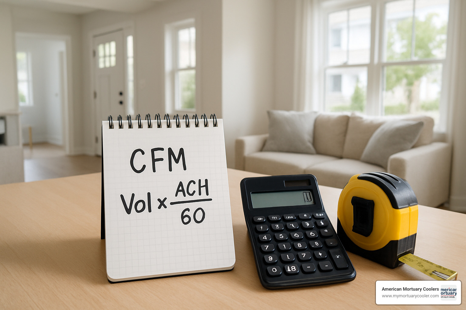 CFM calculation formula written on notepad with measuring tape and calculator - swamp cooler installation near me