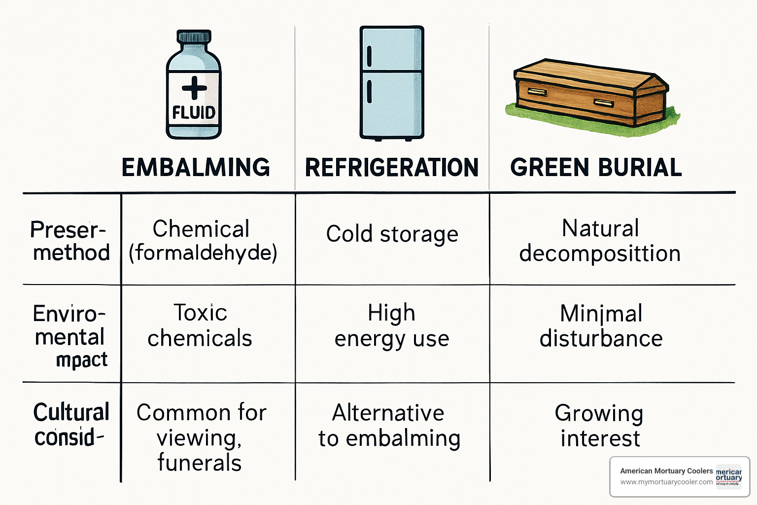 comparison table showing embalming vs refrigeration vs green burial options - embalming services