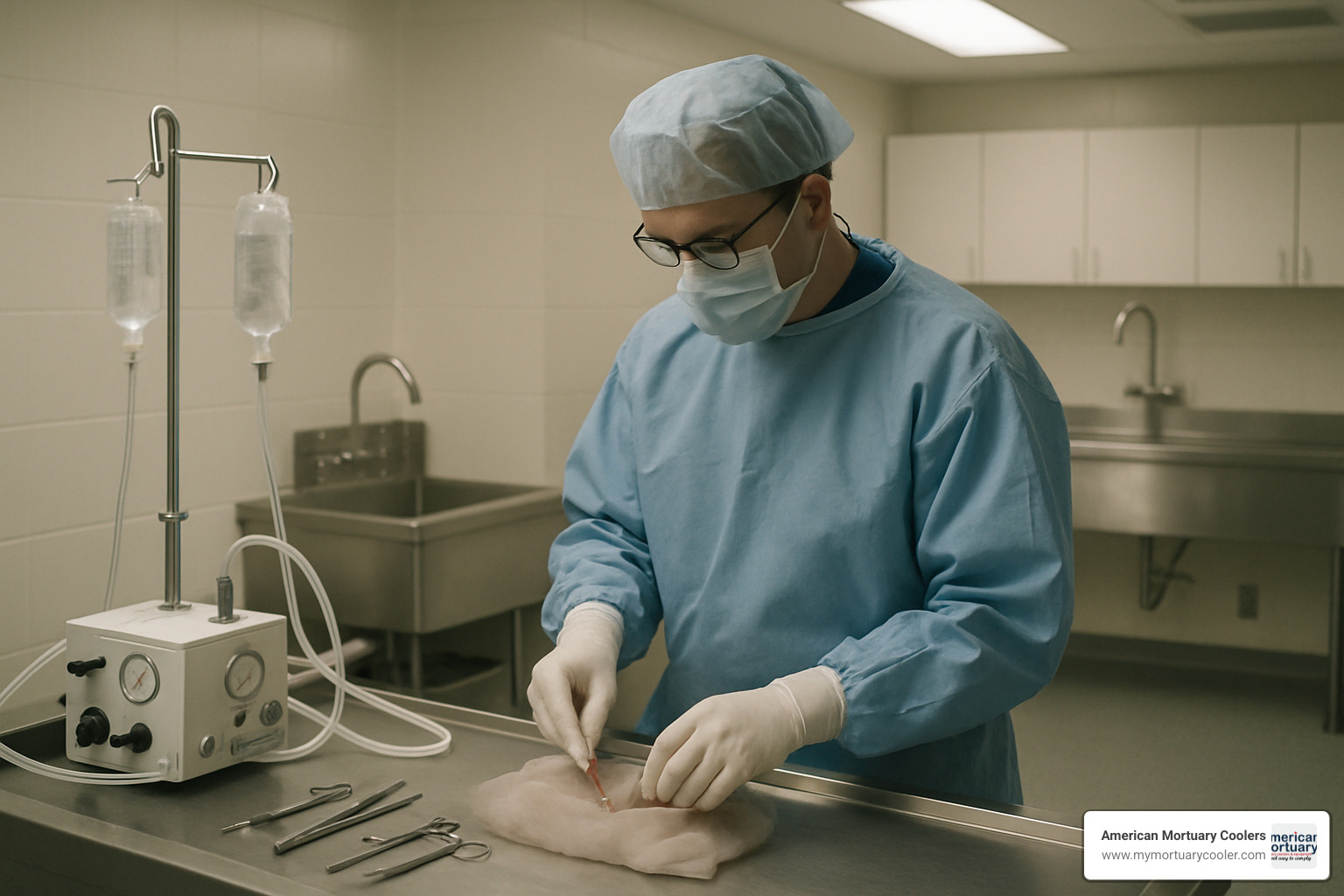 professional embalmer working in sterile preparation room - embalming services