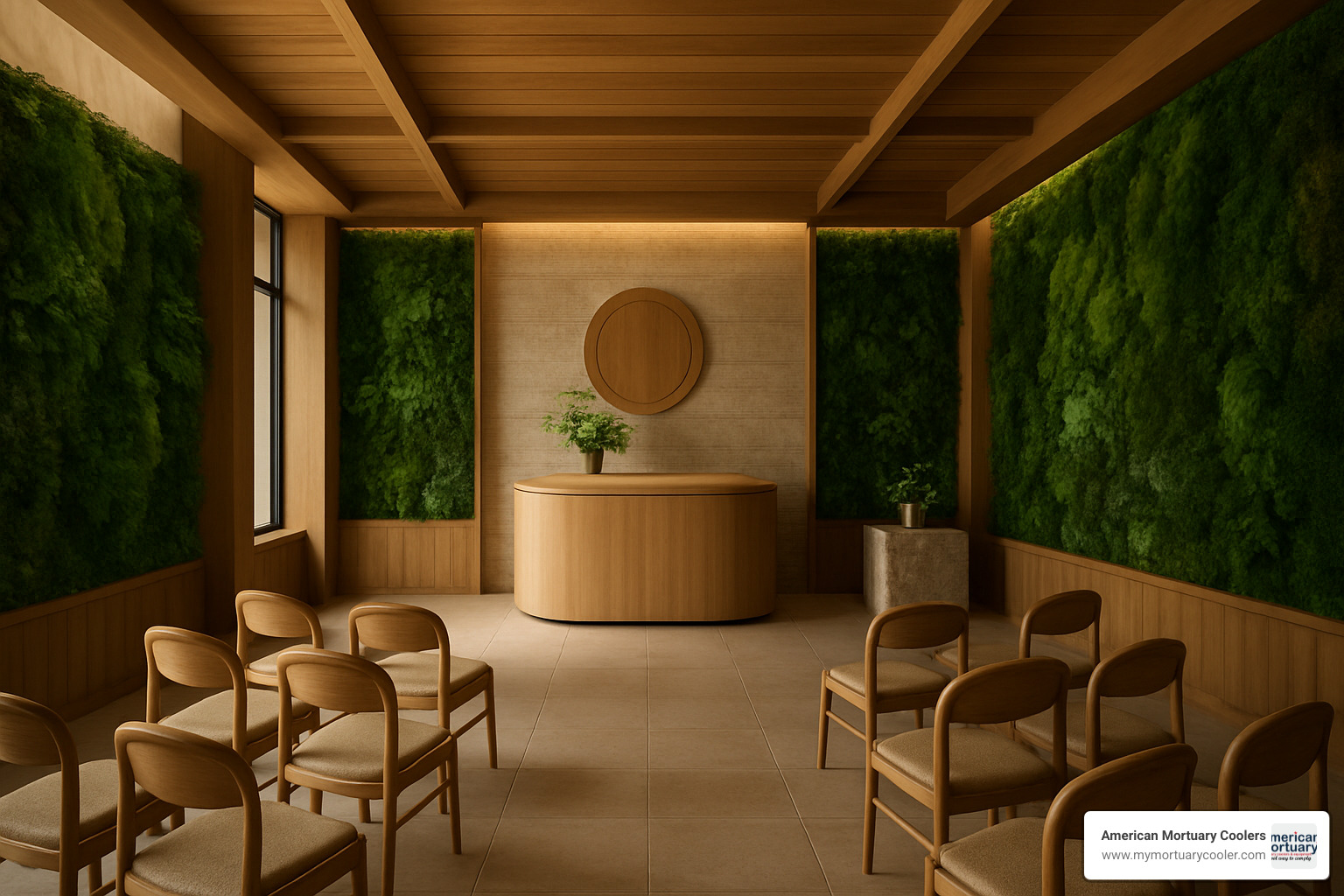 Interior view of Recompose gathering space showing modern, spa-like design with natural materials, living walls, and ceremony areas for body composting services - body composting seattle