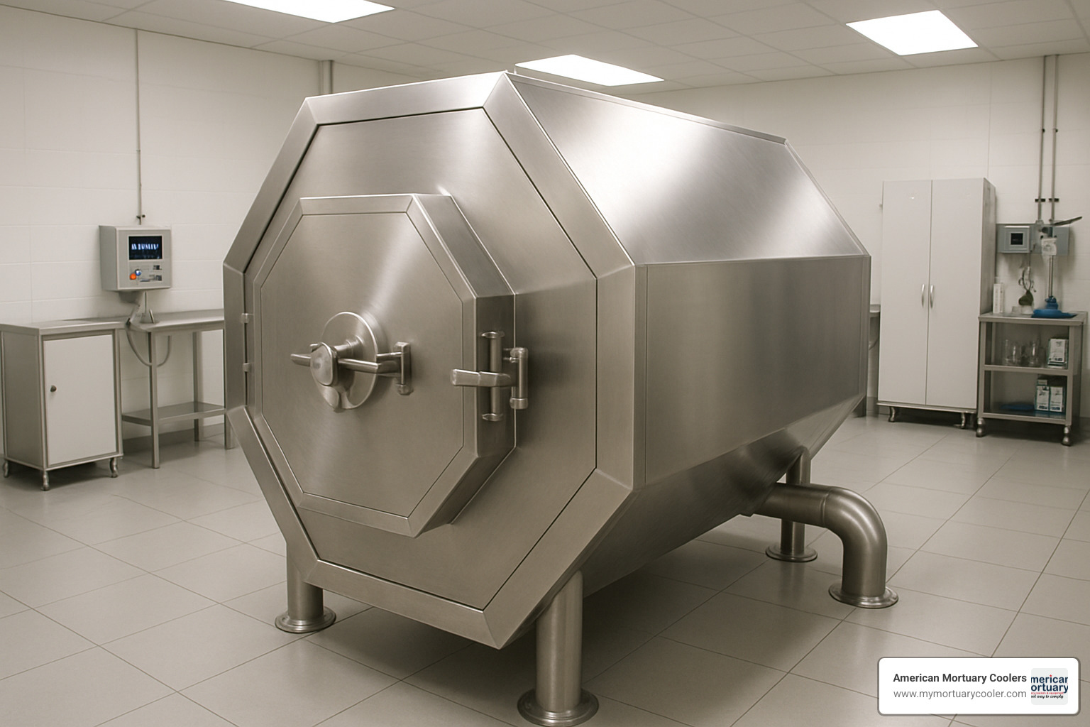 Modern stainless steel composting vessel with hexagonal design, showing the technical equipment used in Seattle body composting facilities - body composting seattle