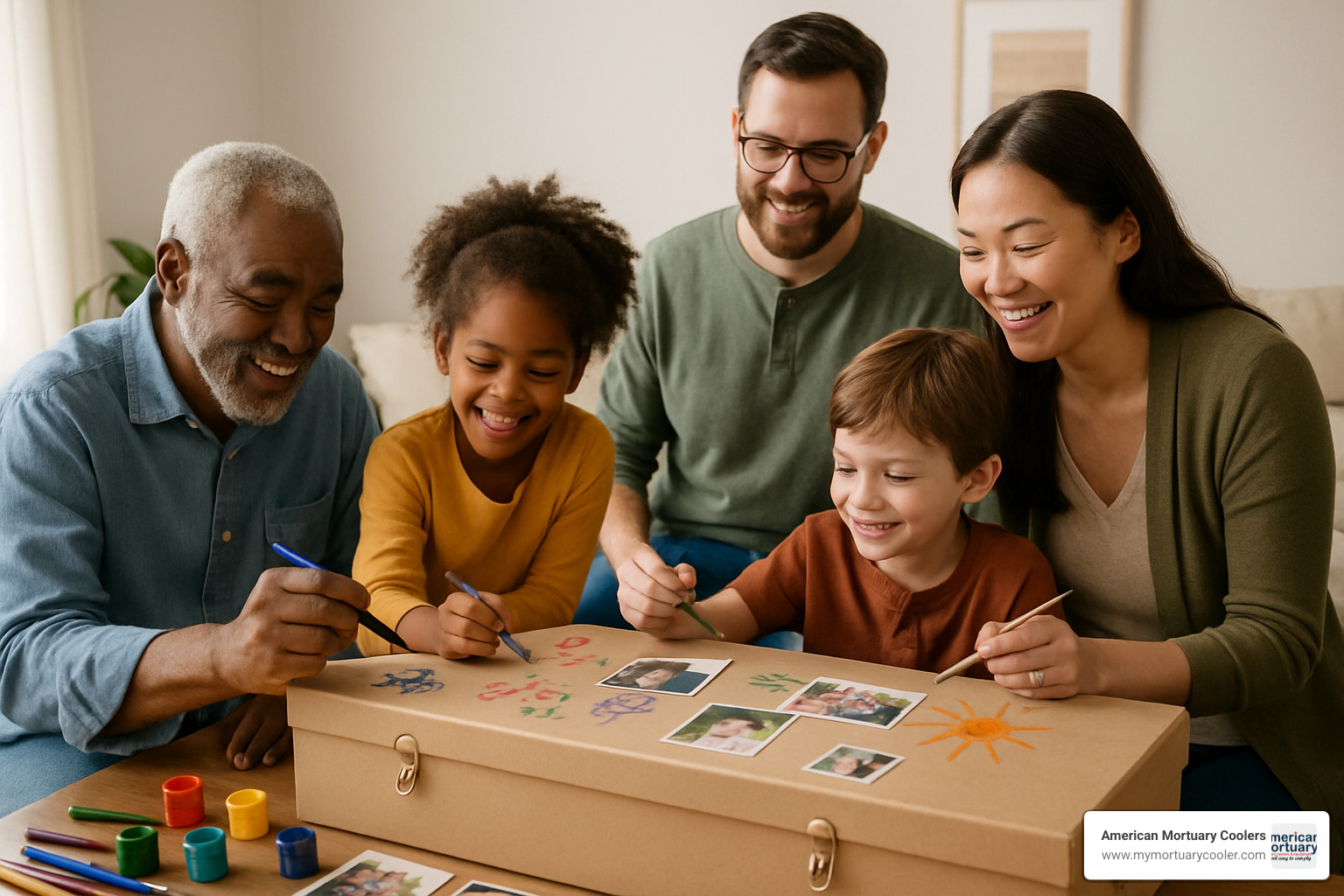 Family decorating cardboard cremation container - cardboard box for cremation