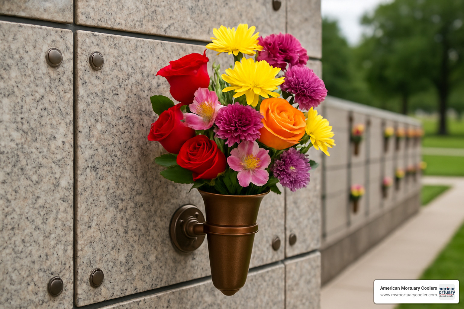 bronze columbarium flower holder mounted on memorial wall - columbarium flower holders