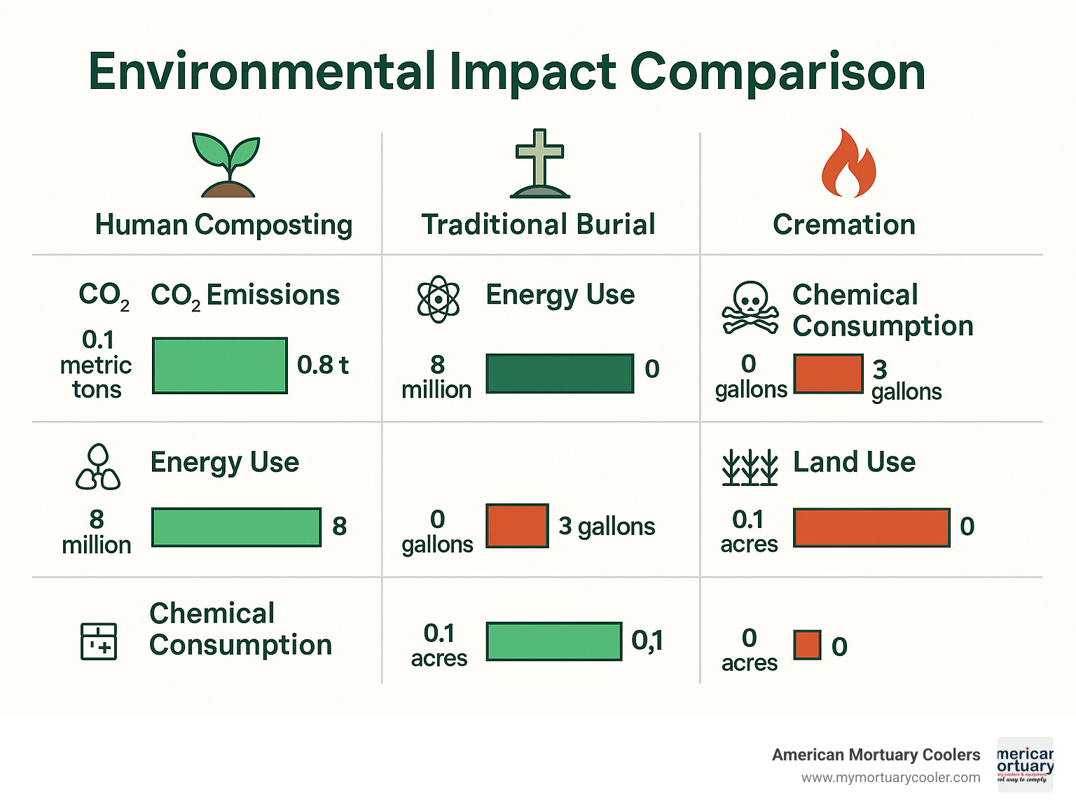 Detailed infographic showing environmental impact comparison between human composting, traditional burial, and cremation including CO2 emissions, energy use, chemical consumption, and land requirements with specific numerical data - how to compost a body infographic 