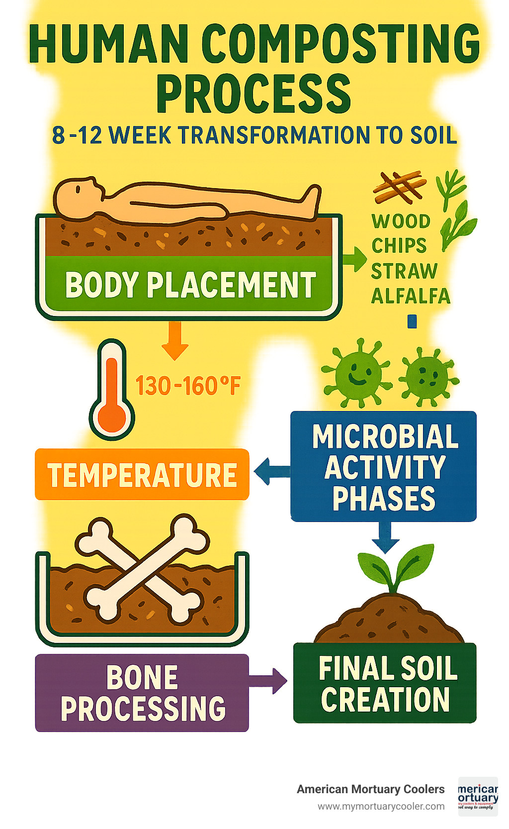 Infographic showing the complete human composting timeline from body placement through 8-12 week change to final soil creation, including temperature monitoring, microbial activity phases, and bone processing steps - how to compost a body infographic 