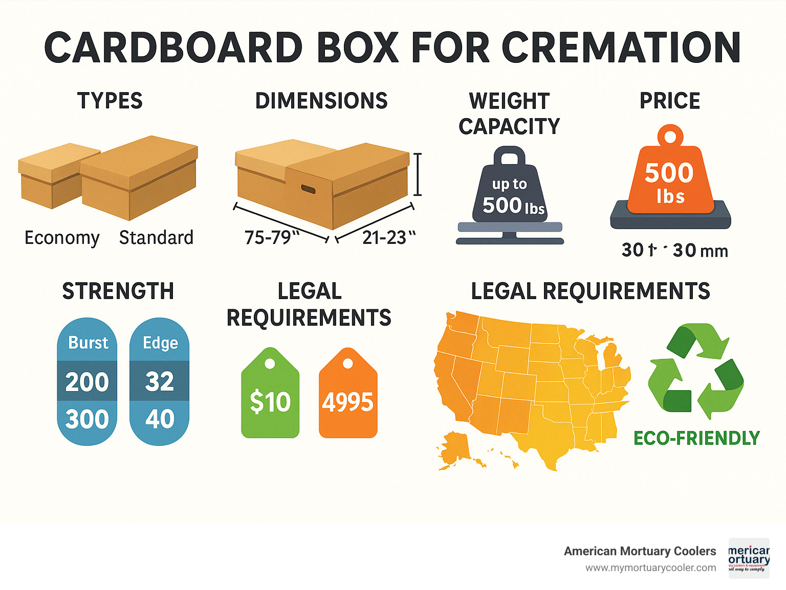 Comprehensive comparison infographic showing cardboard cremation container types, dimensions, weight capacities, price ranges from economy $10 models to premium $495 options, strength ratings including Burst Test and Edge Crush Test specifications, legal requirements by region, and eco-friendly features - cardboard box for cremation infographic 