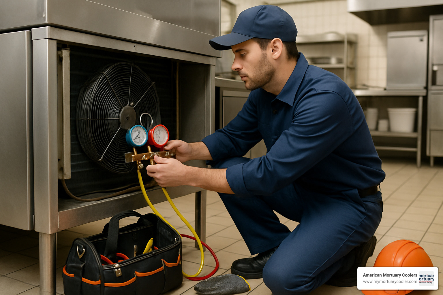 technician servicing condenser - commercial refrigeration equipment