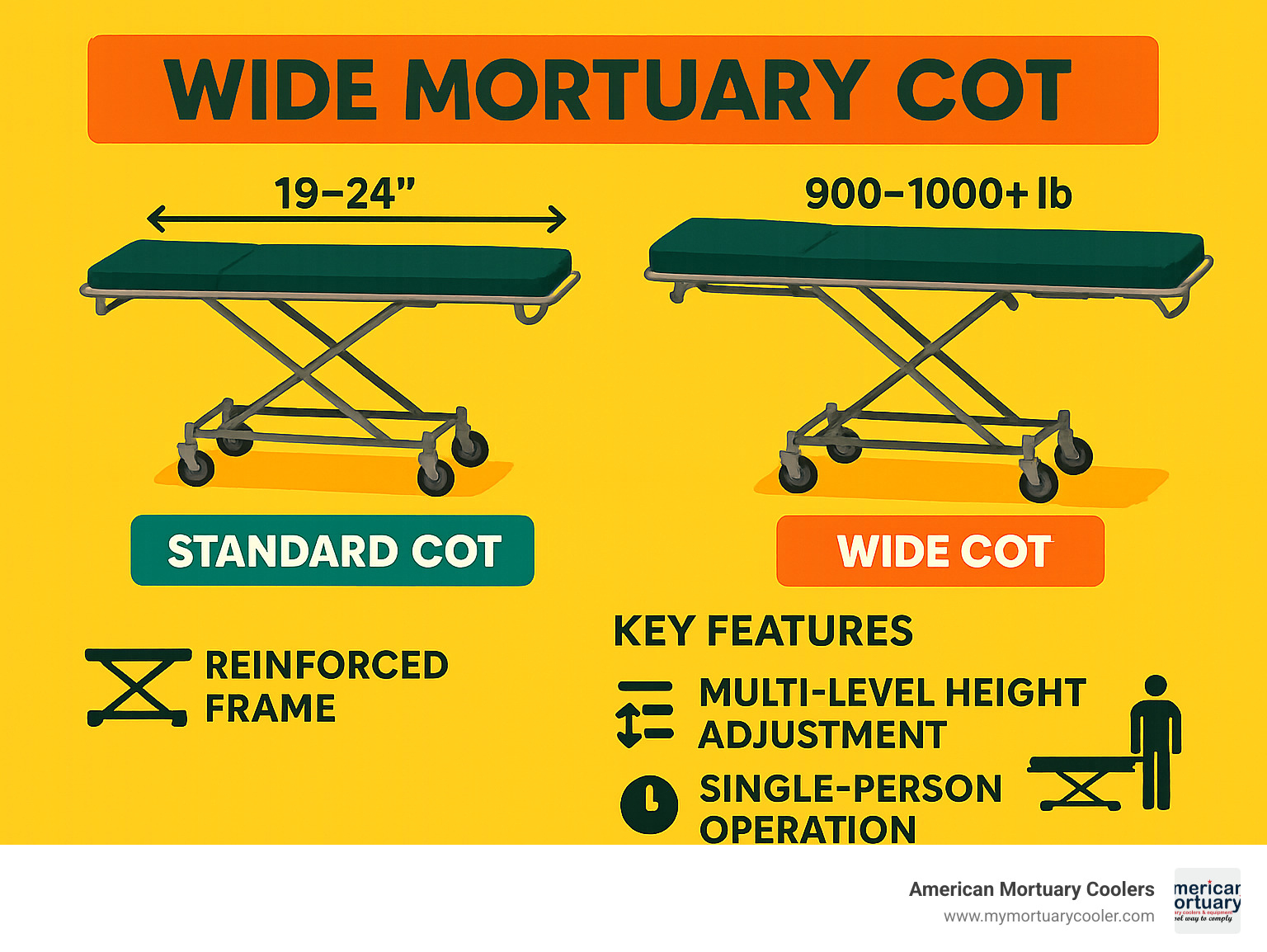 Infographic showing wide mortuary cot dimensions and weight capacities: Standard cots (19-24" wide, 400-650 lb capacity) vs Wide cots (25-26" wide, 900-1000+ lb capacity), with key features including reinforced frames, multi-level height adjustment, and single-person operation capabilities - wide mortuary cot  infographic 