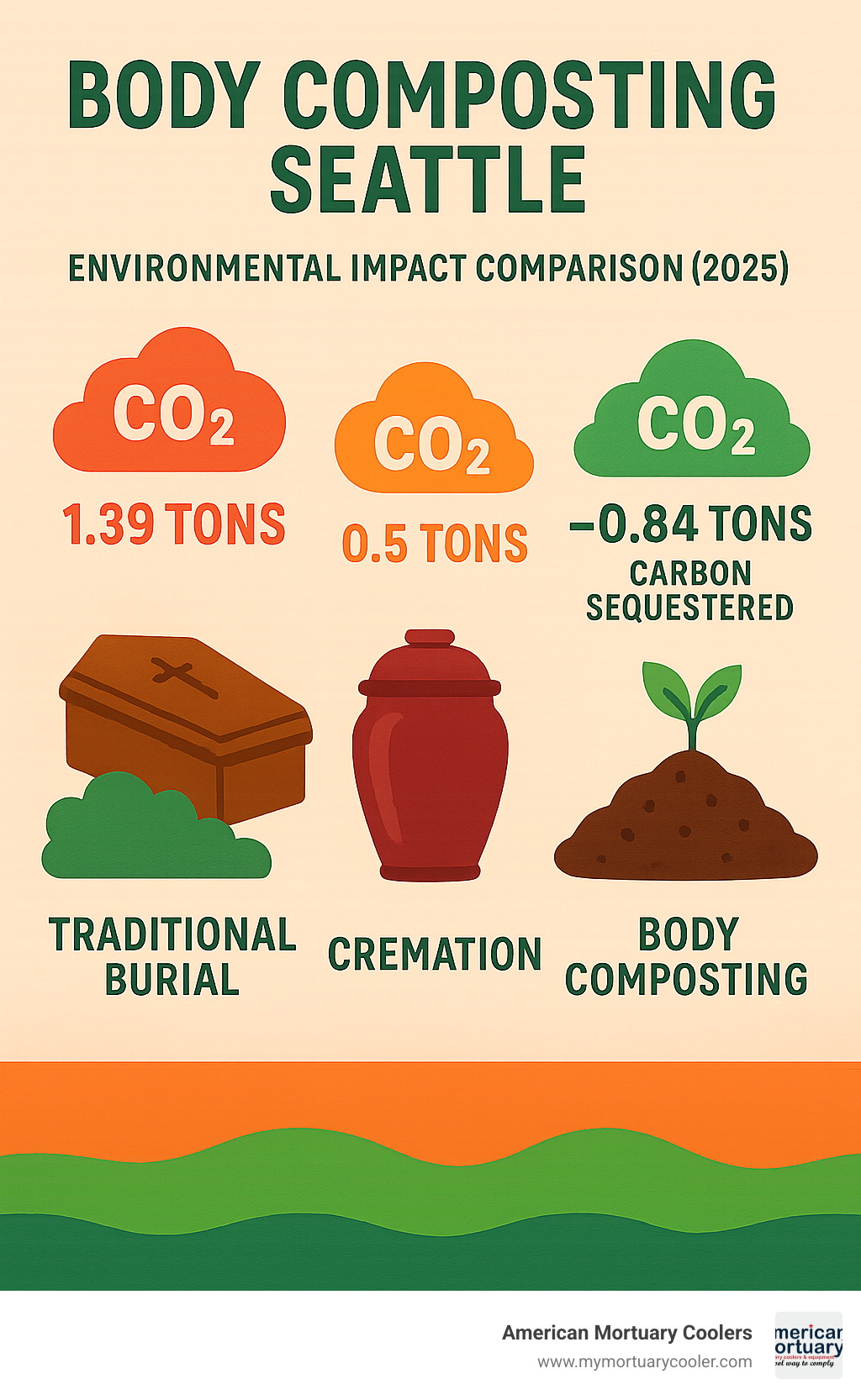 Environmental impact comparison chart showing CO2 emissions: Traditional burial (1.39 tons), Cremation (0.5 tons), Body composting (-0.84 tons carbon sequestered) - body composting seattle infographic 
