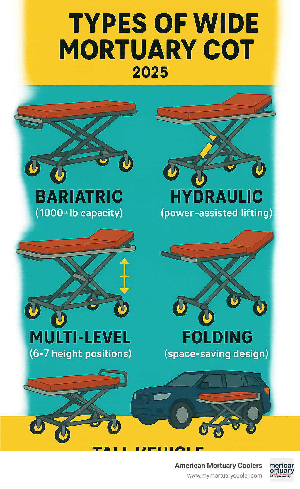 Infographic showing different types of wide mortuary cots: Bariatric (1000+ lb capacity), Hydraulic (power-assisted lifting), Multi-level (6-7 height positions), Folding (space-saving design), and Tall Vehicle (SUV loading height) - wide mortuary cot  infographic 