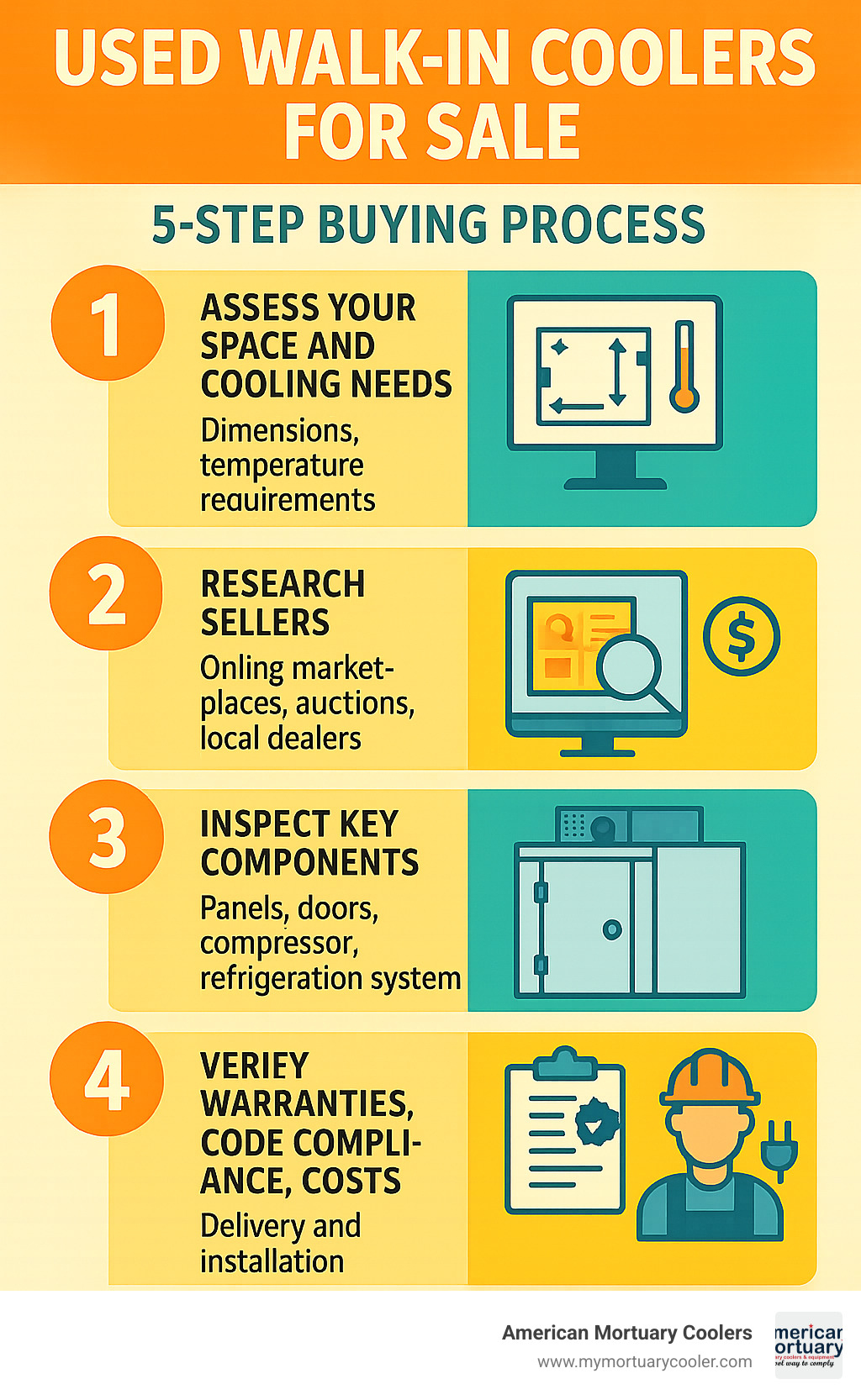 Comprehensive infographic showing the 5-step process for buying used walk-in coolers: 1) Assess your space and cooling needs with dimensions and temperature requirements, 2) Research sellers including online marketplaces, auctions, and local dealers, 3) Inspect key components like panels, doors, compressor, and refrigeration system, 4) Verify warranties, code compliance, and total costs including delivery and installation, 5) Schedule professional installation with electrical hookup and testing - used-walk-in-coolers-for-sale- infographic 