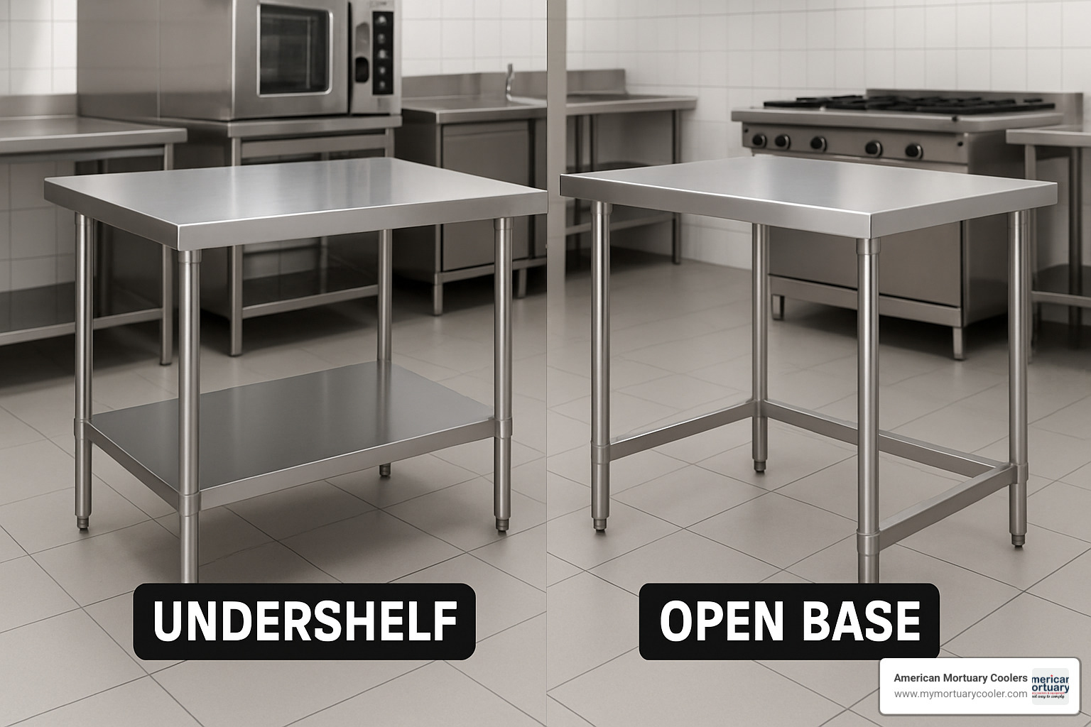 Comparison of undershelf versus open base stainless steel table designs - stainless steel tables