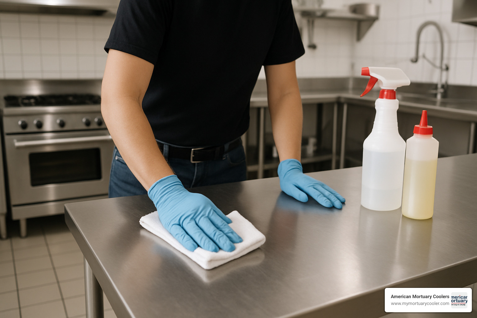 Person cleaning stainless steel table surface with proper technique - stainless steel tables