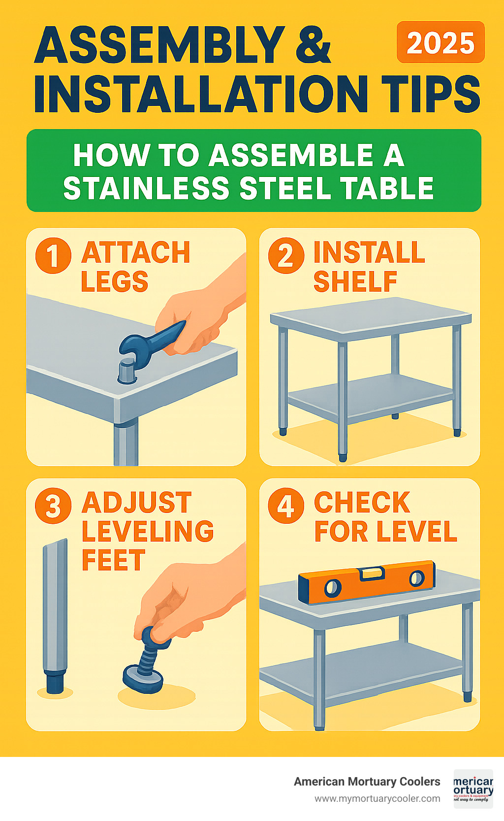 Infographic showing step-by-step assembly process for stainless steel tables including leg attachment, shelf installation, and leveling procedures - stainless steel tables infographic 
